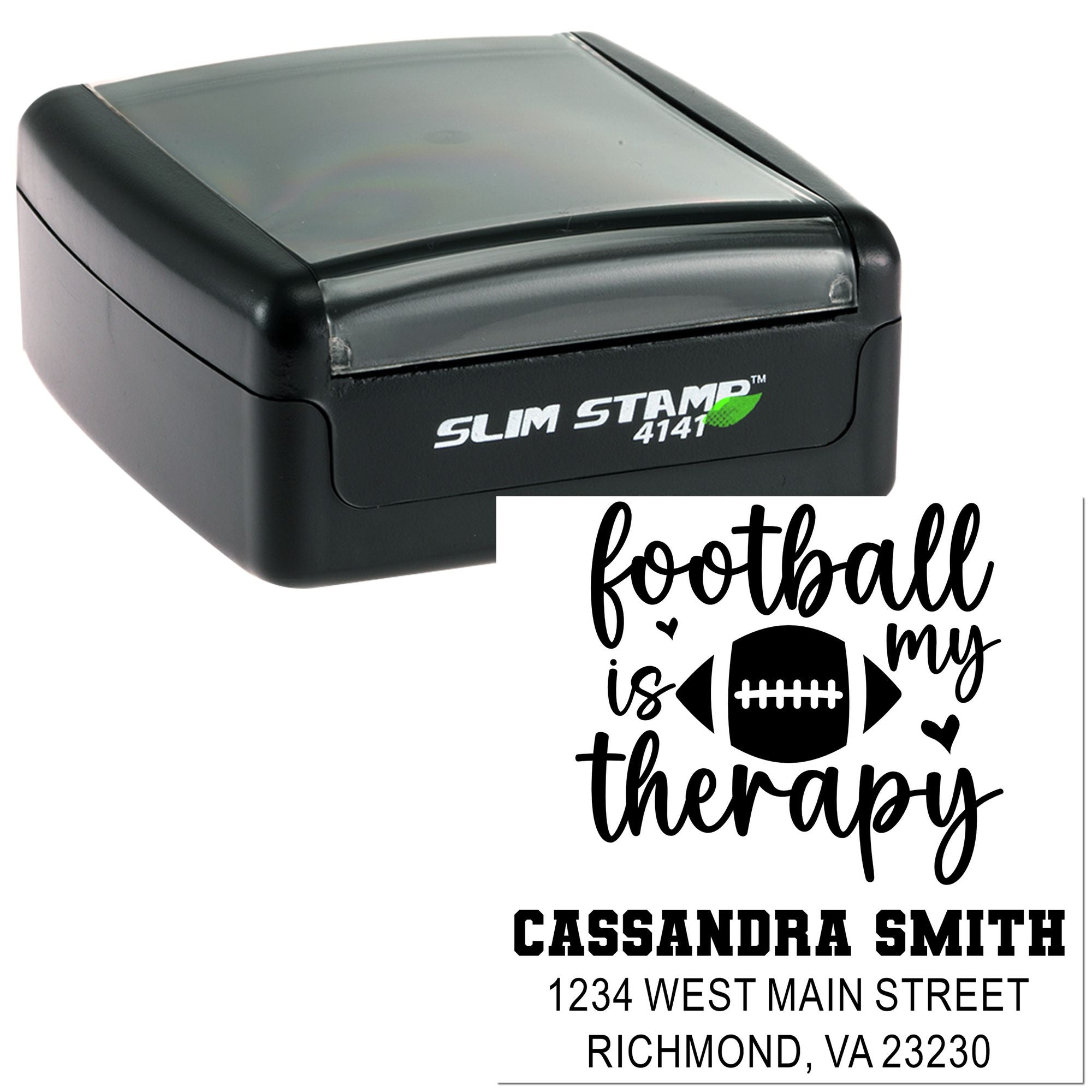 Custom football return address rubber stamp with football is my therapy design and personalized name and address.