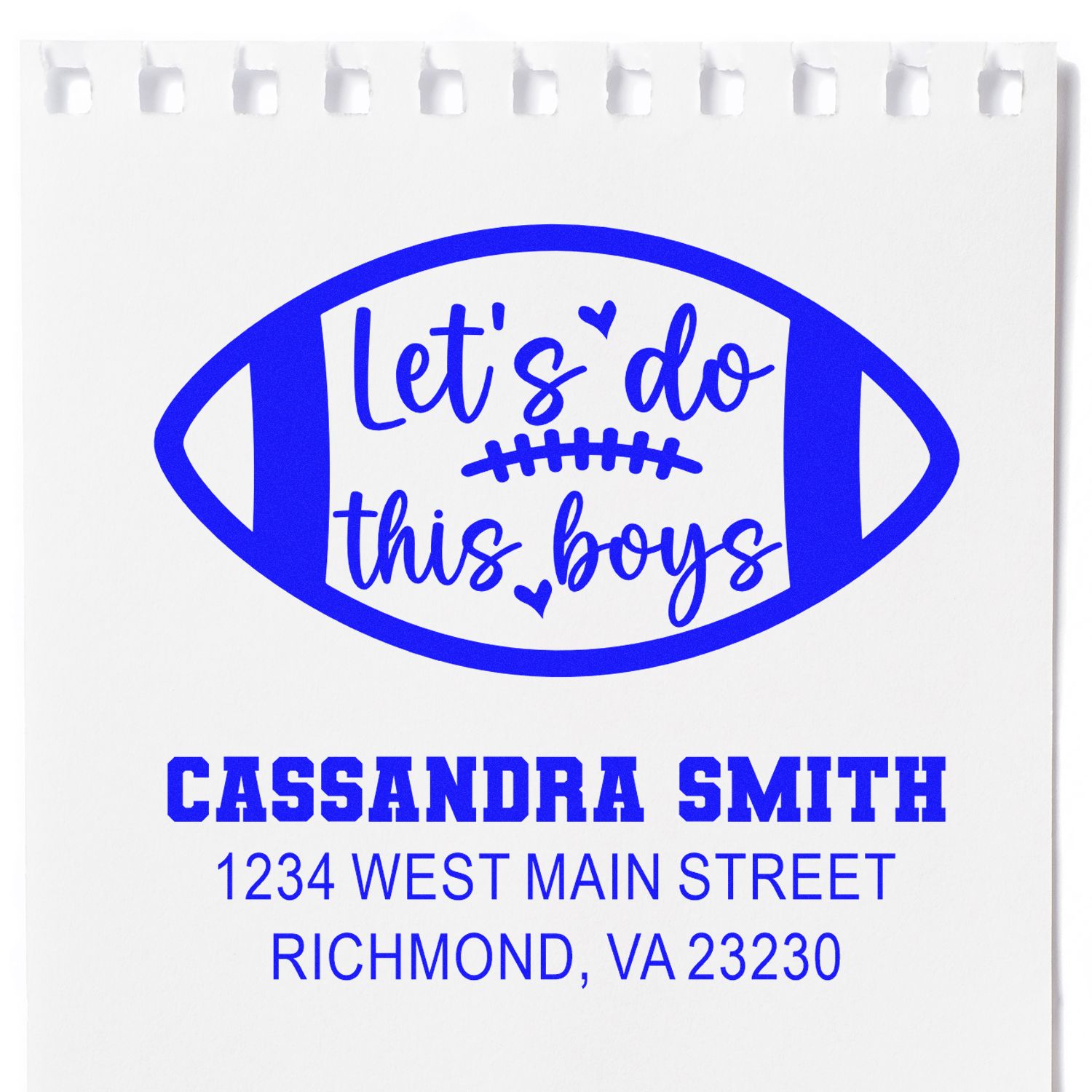 Football-themed custom rubber stamp with Lets do this boys and personalized name and address for sports mailings.