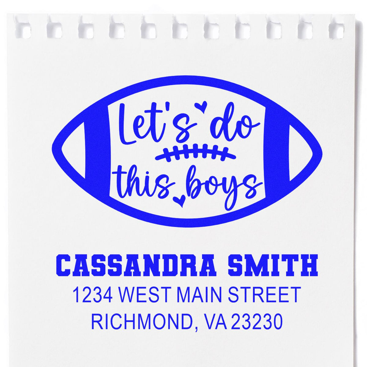 Custom football rubber stamp with Lets do this boys and personalized name and address for sports-themed mail.