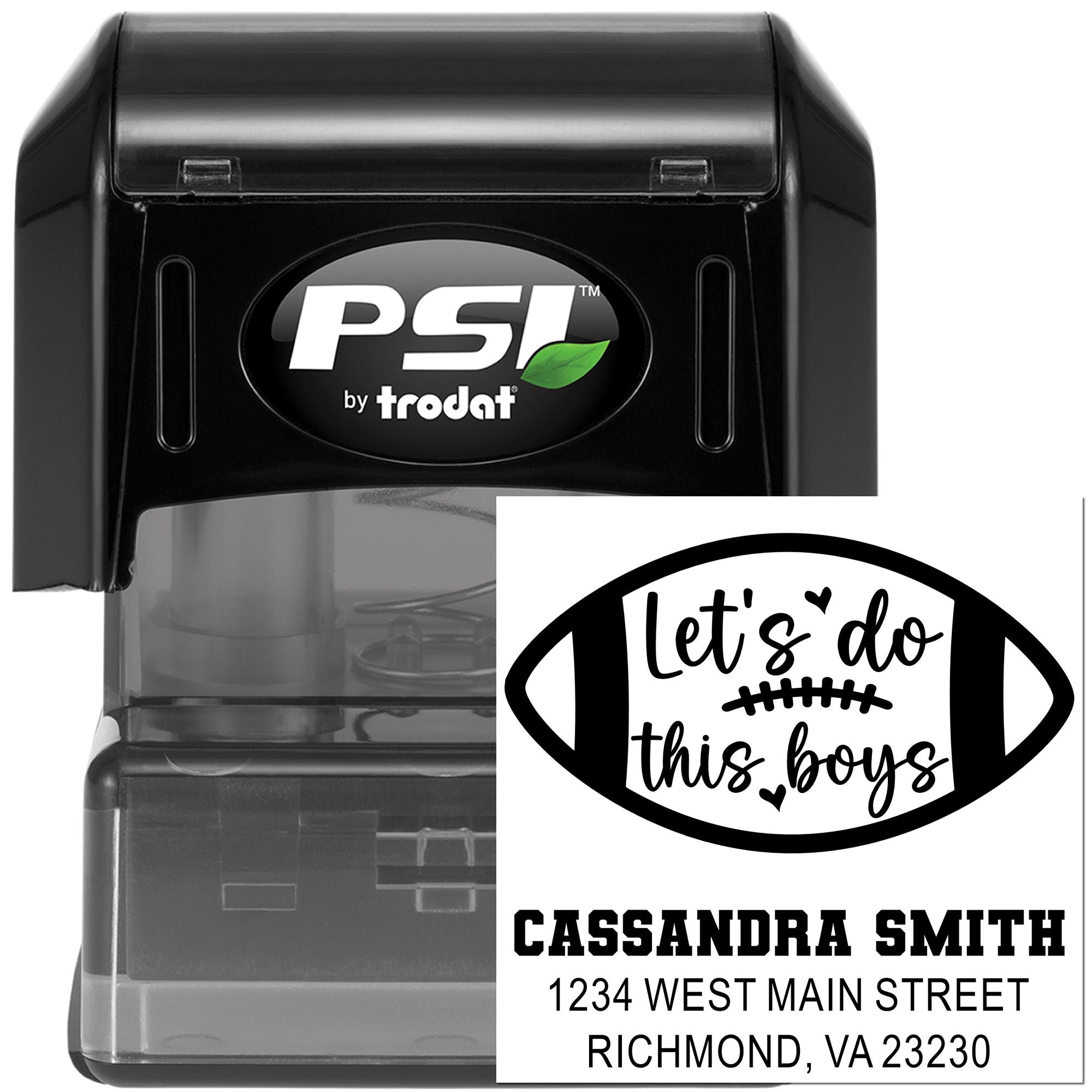 Custom football address rubber stamp, self-inking Trodat PSI, featuring personalized name, address and Lets Do This Boys design.