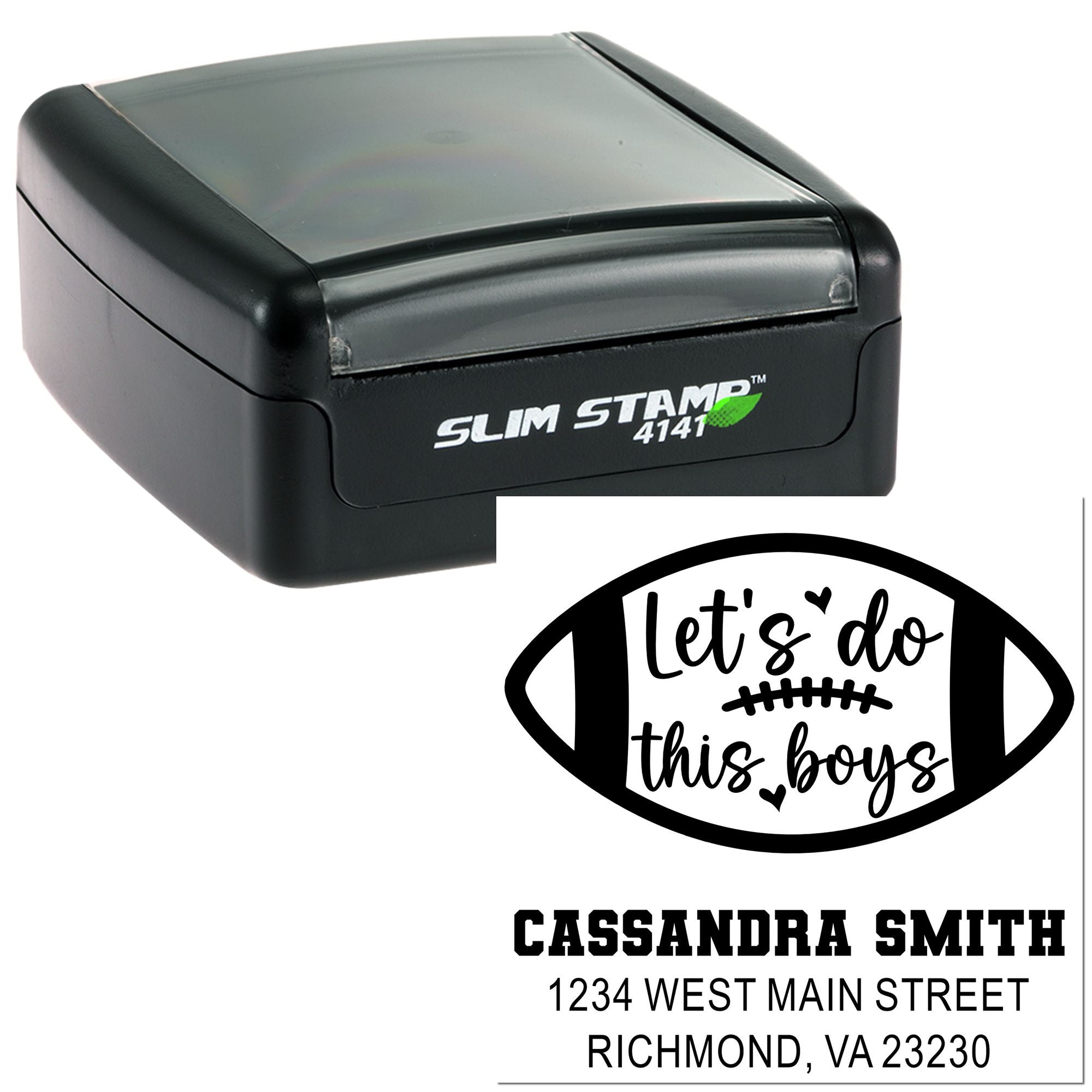 Custom football self-inking rubber stamp with return address for Cassandra Smith, shown in Slim Stamp 4141 case.