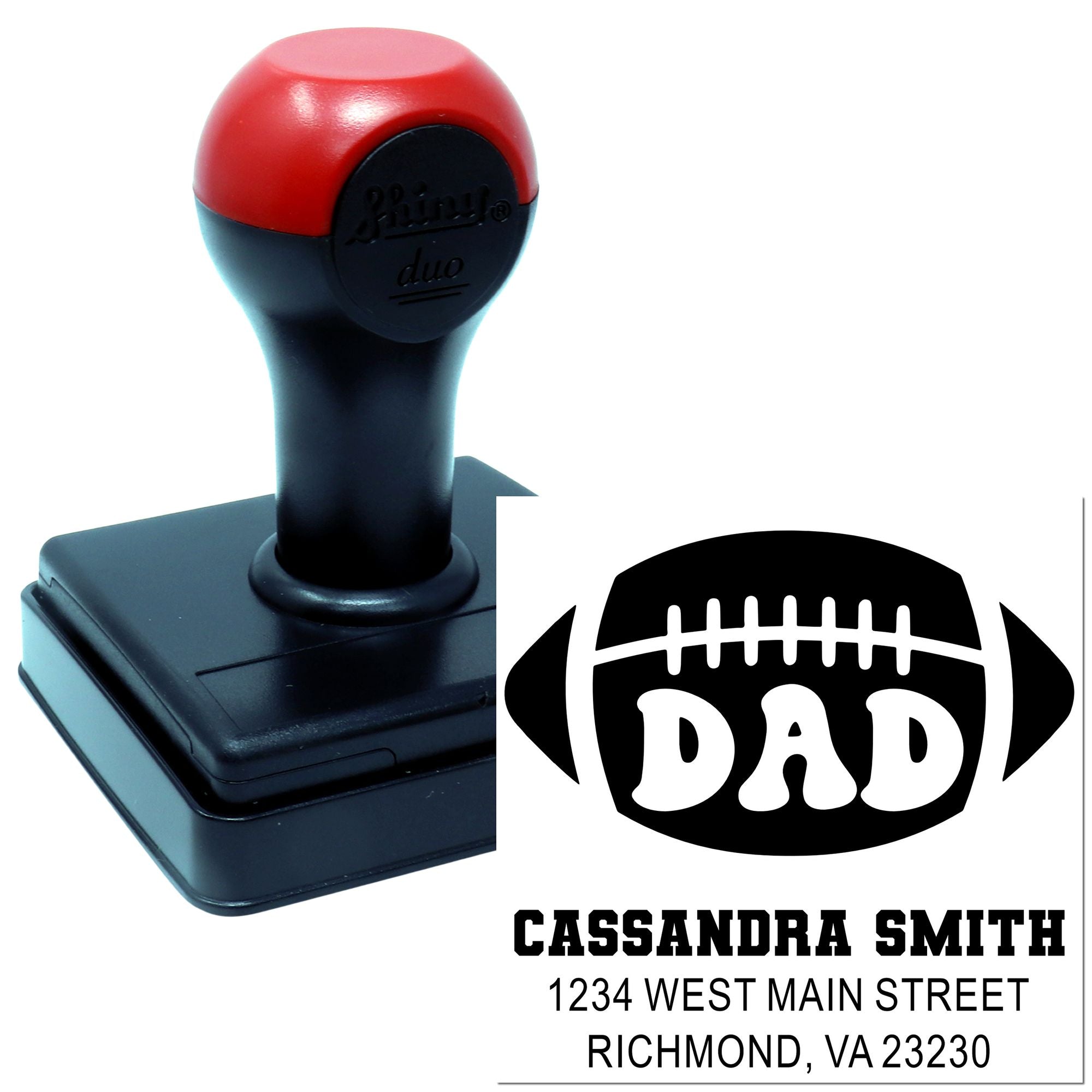 Football dad custom self-inking rubber stamp with personalized name and address design for return address labels and gifts.