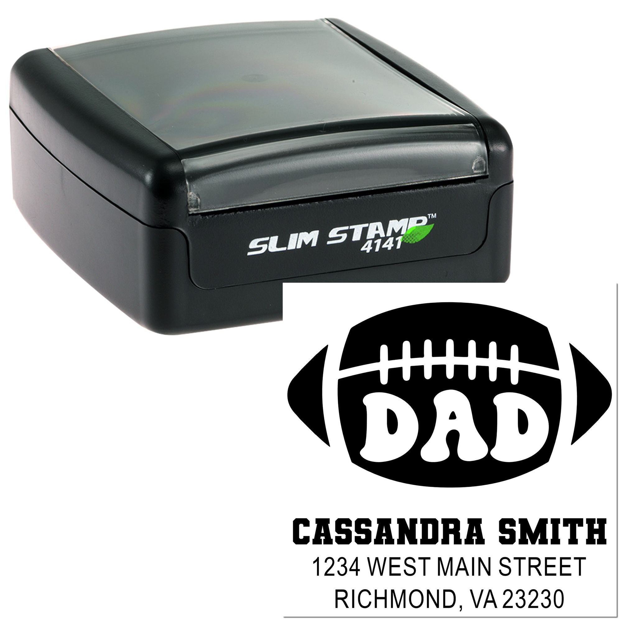 Slim Stamp self-inking football dad rubber stamp with custom name and address imprint for personalized mailing.