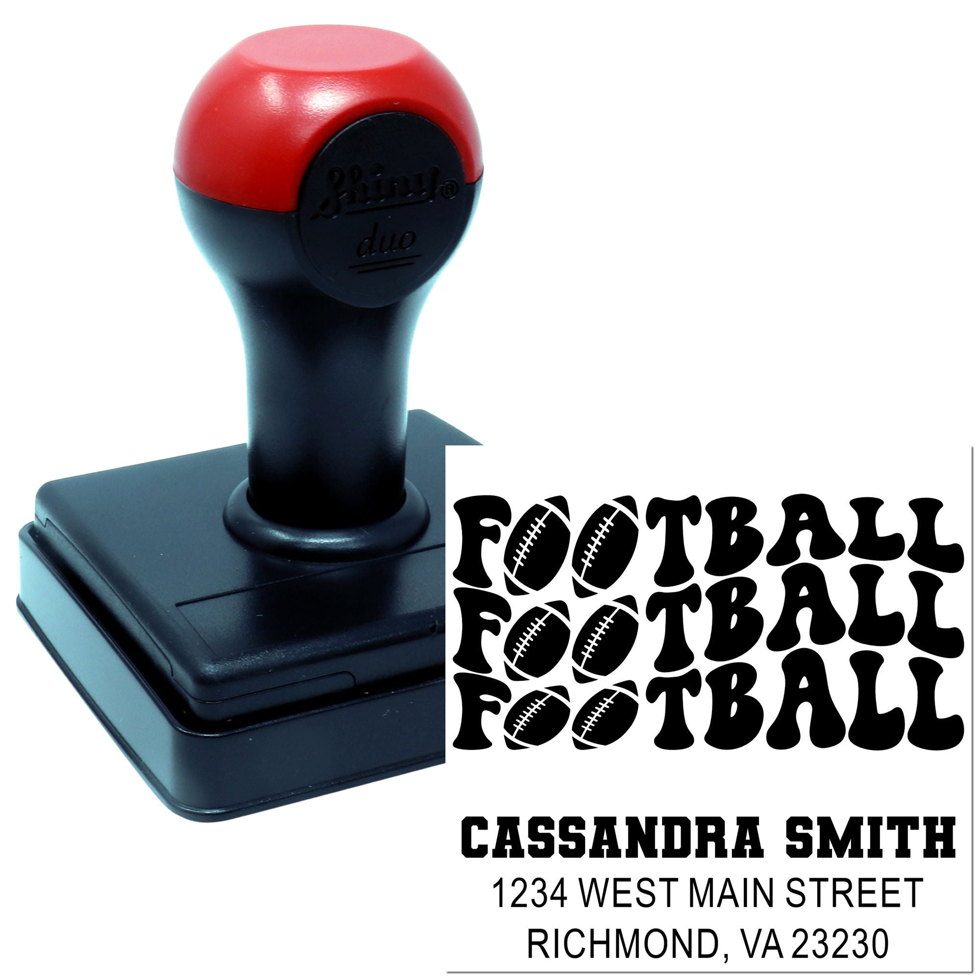 Custom football self-inking rubber stamp with football design, name, and address for sports-themed mailing.