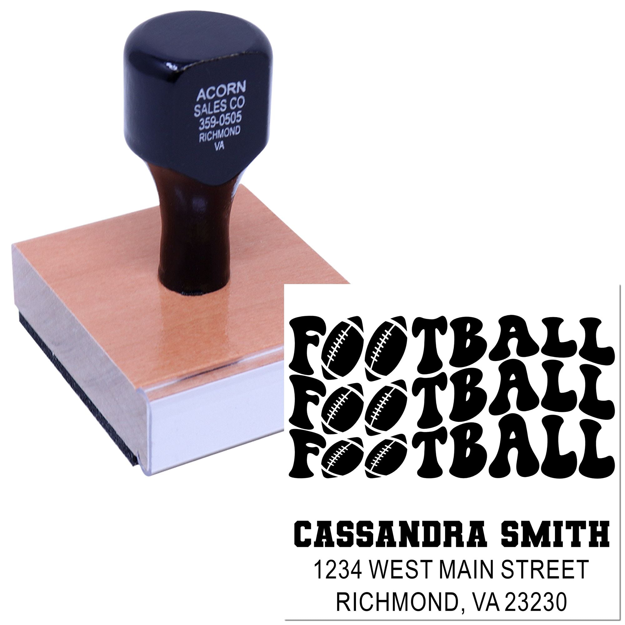 Custom football rubber stamp for personalized return address labels with name and mailing address