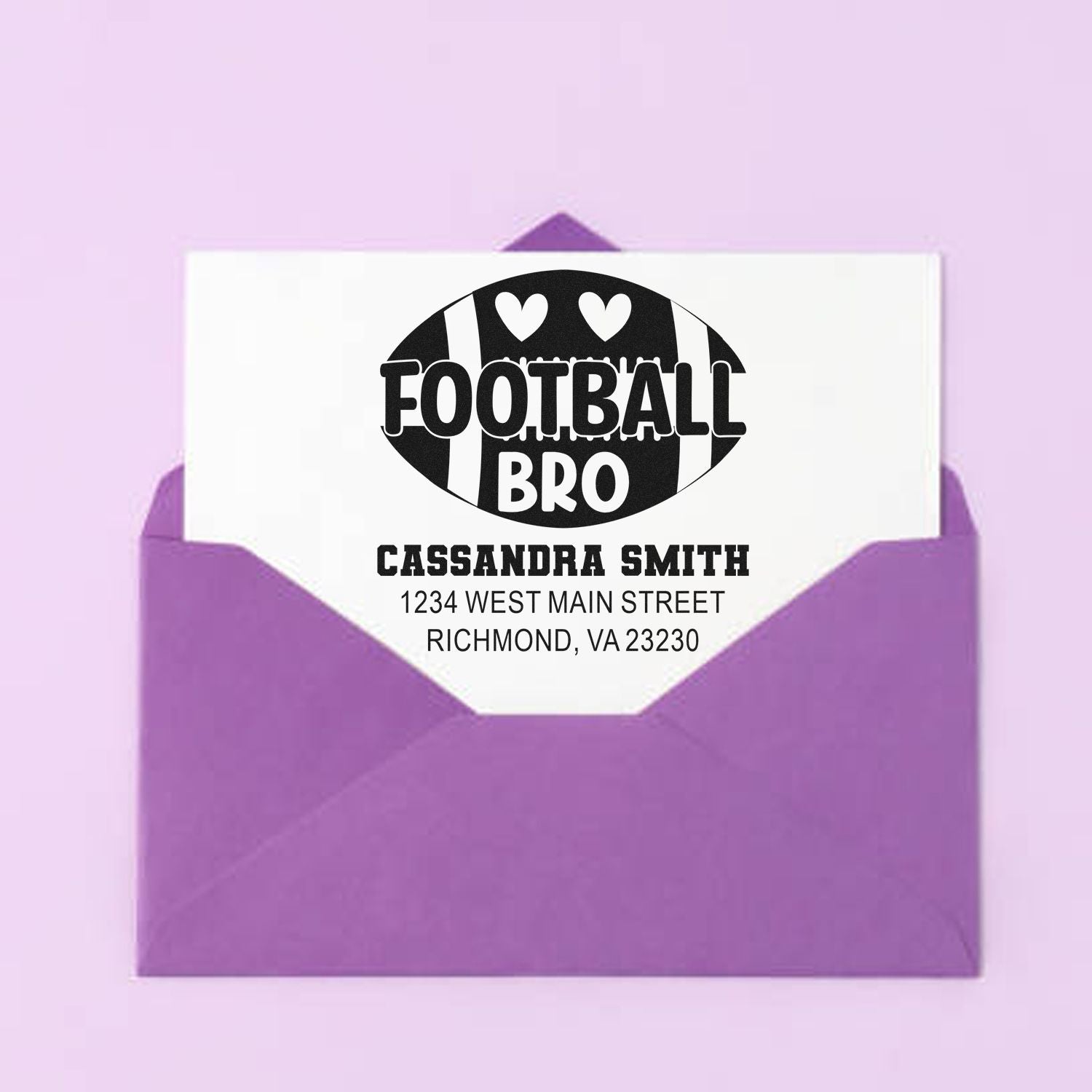 Personalized Football Bro address stamp design on purple envelope with name and Richmond, VA return address.