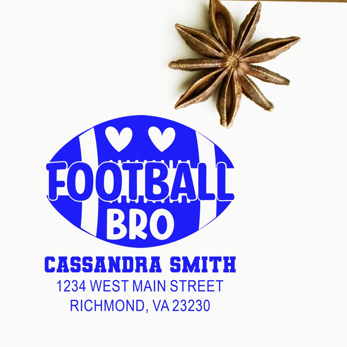Custom football bro personalized address rubber stamp with name and return address for Cassandra Smith.