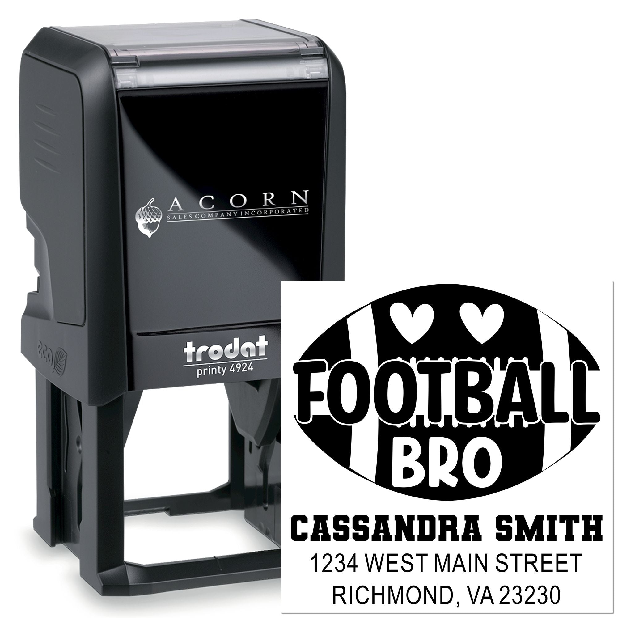 Custom football BBQ self-inking rubber stamp with name and address, Trodat Printy 4924 personalized stamp