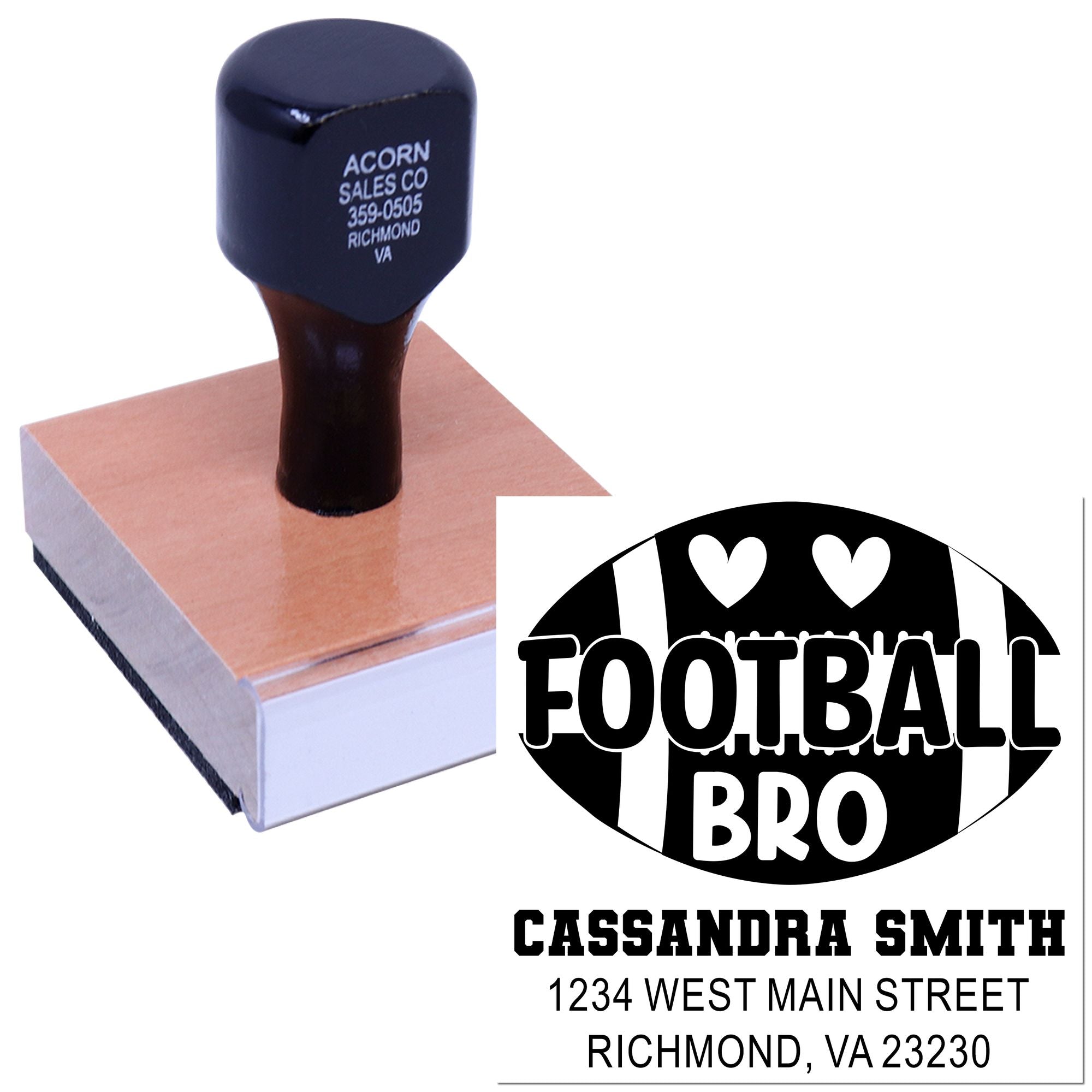 Personalized football BBQ rubber stamp with custom name, address, and return mailing imprint
