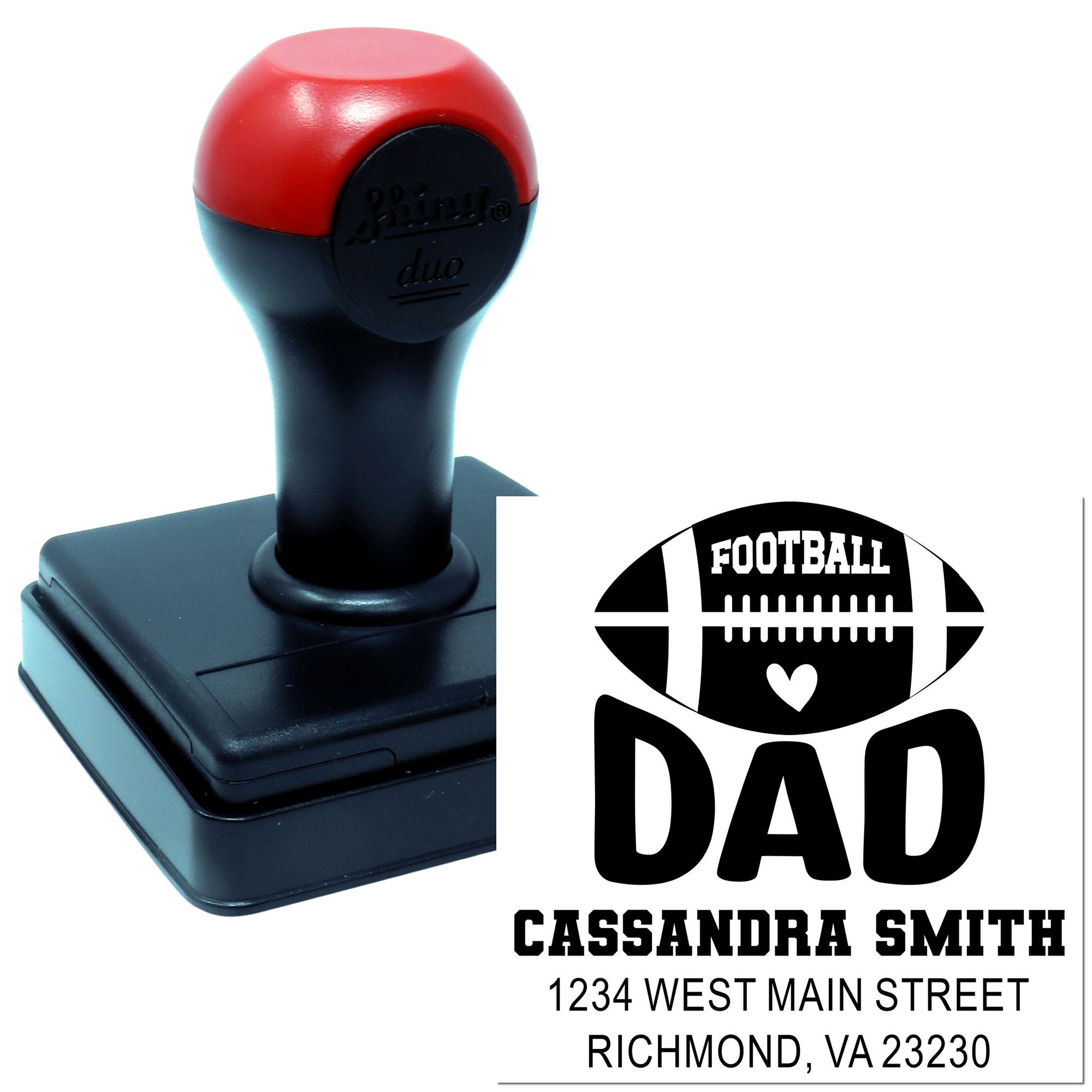 Custom football dad self-inking rubber stamp with name and address for personalized sports-themed mailing and gifts