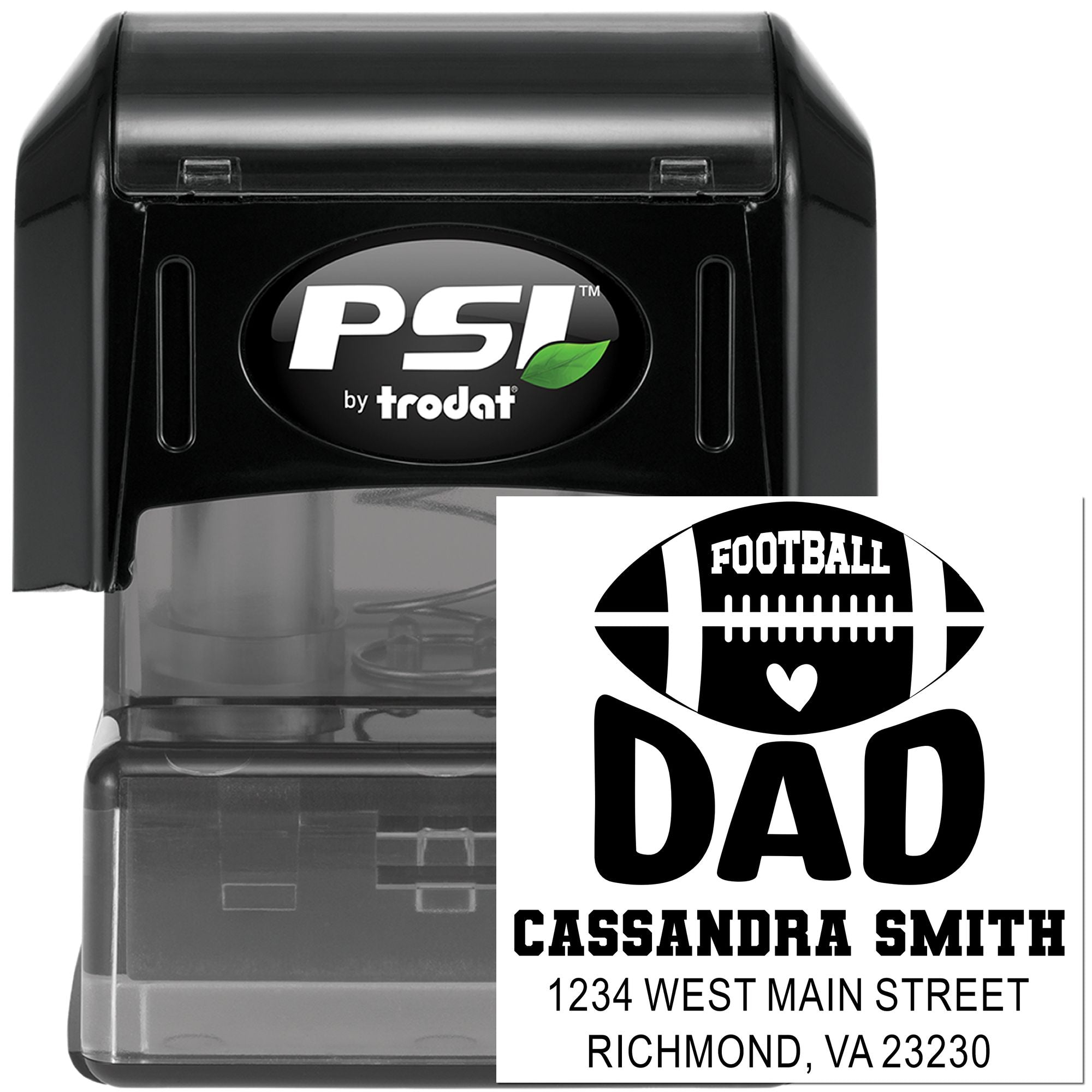 Football Dad custom self-inking address stamp by PSI Trodat with name, address, and sports-themed design.