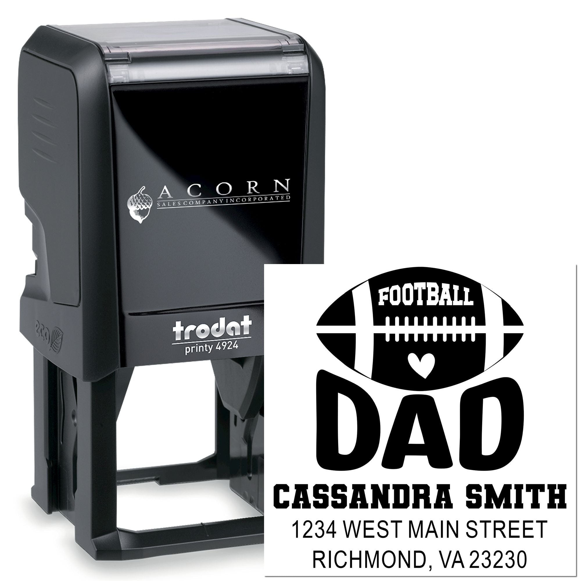 Custom self-inking rubber stamp with football dad design and return address for personalized mailings and gifts.