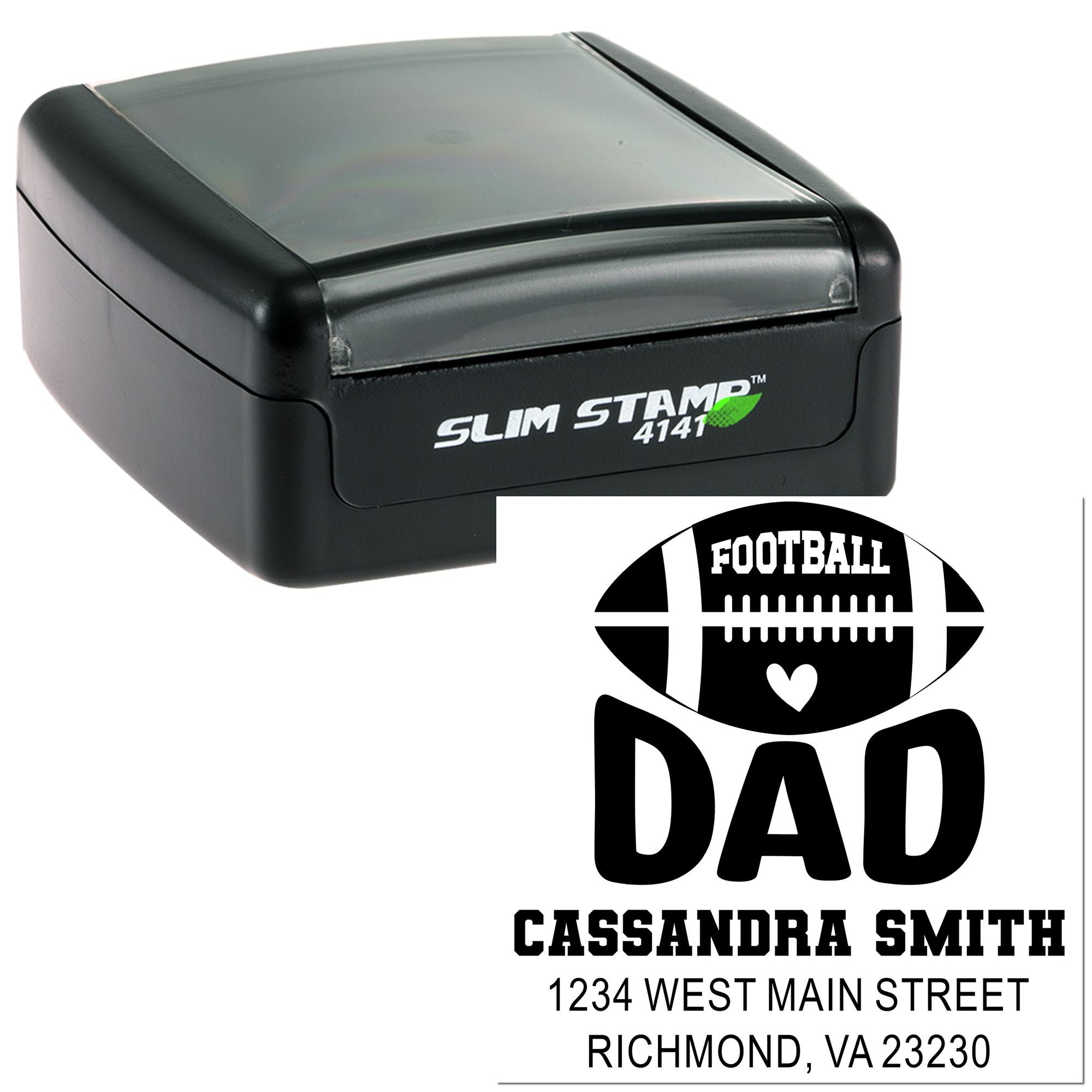 Custom self-inking rubber stamp with football dad design, name, and address for personalized mailings.