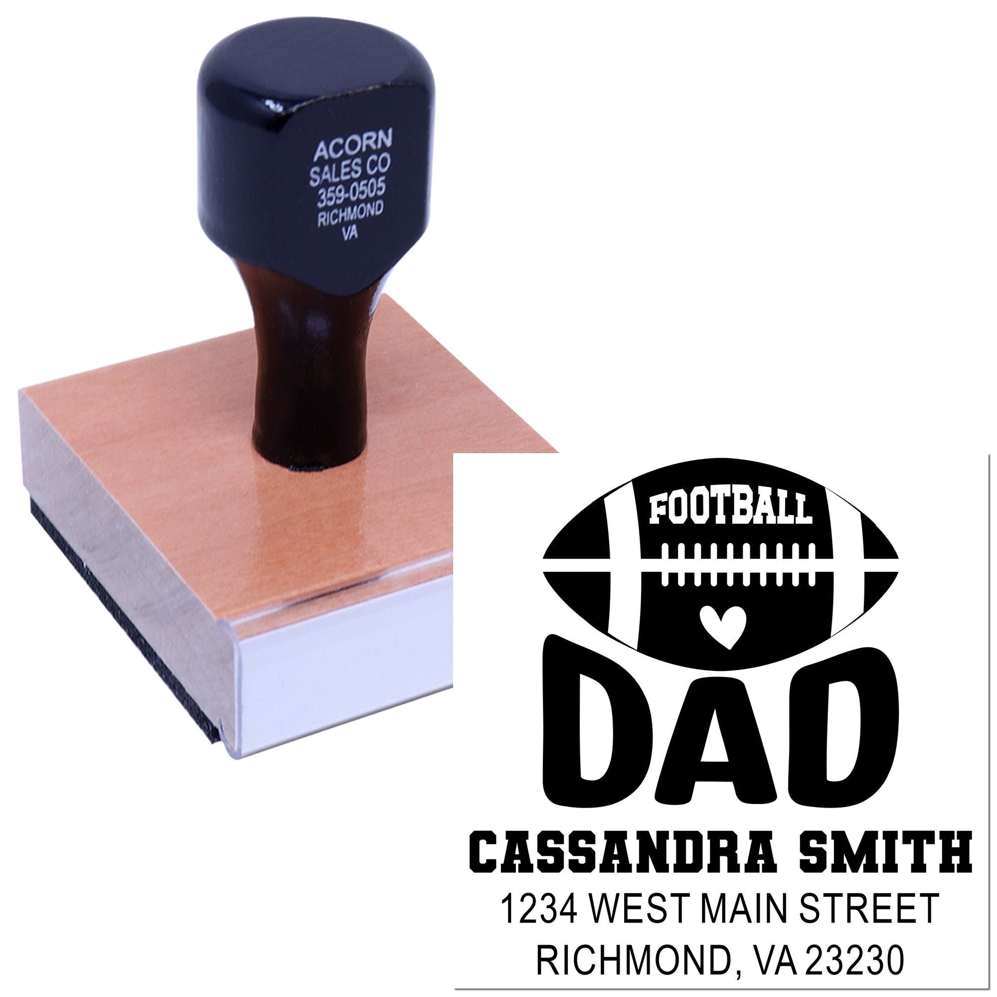 Custom football dad rubber stamp with name and address for personalized return address stamping.