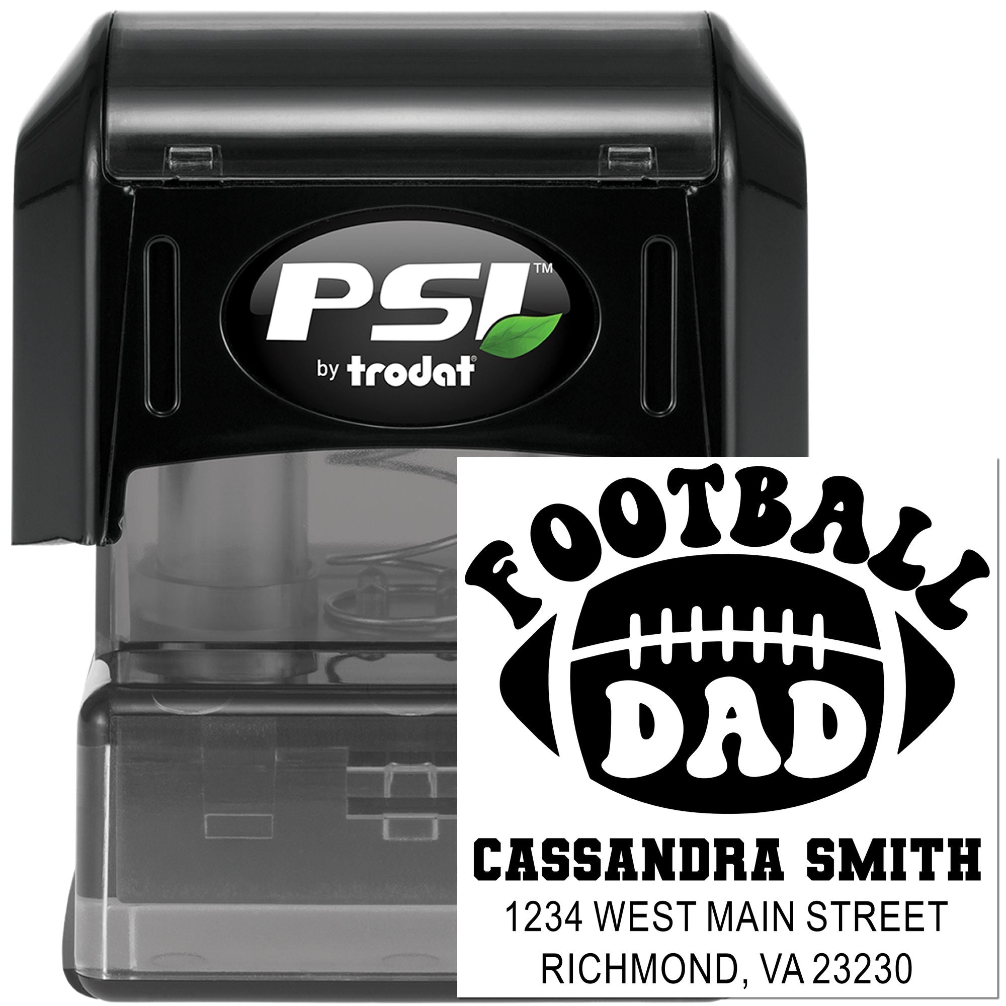 Self-inking PSI Trodat custom rubber address stamp with Football Dad design, Cassandra Smith, Richmond VA.