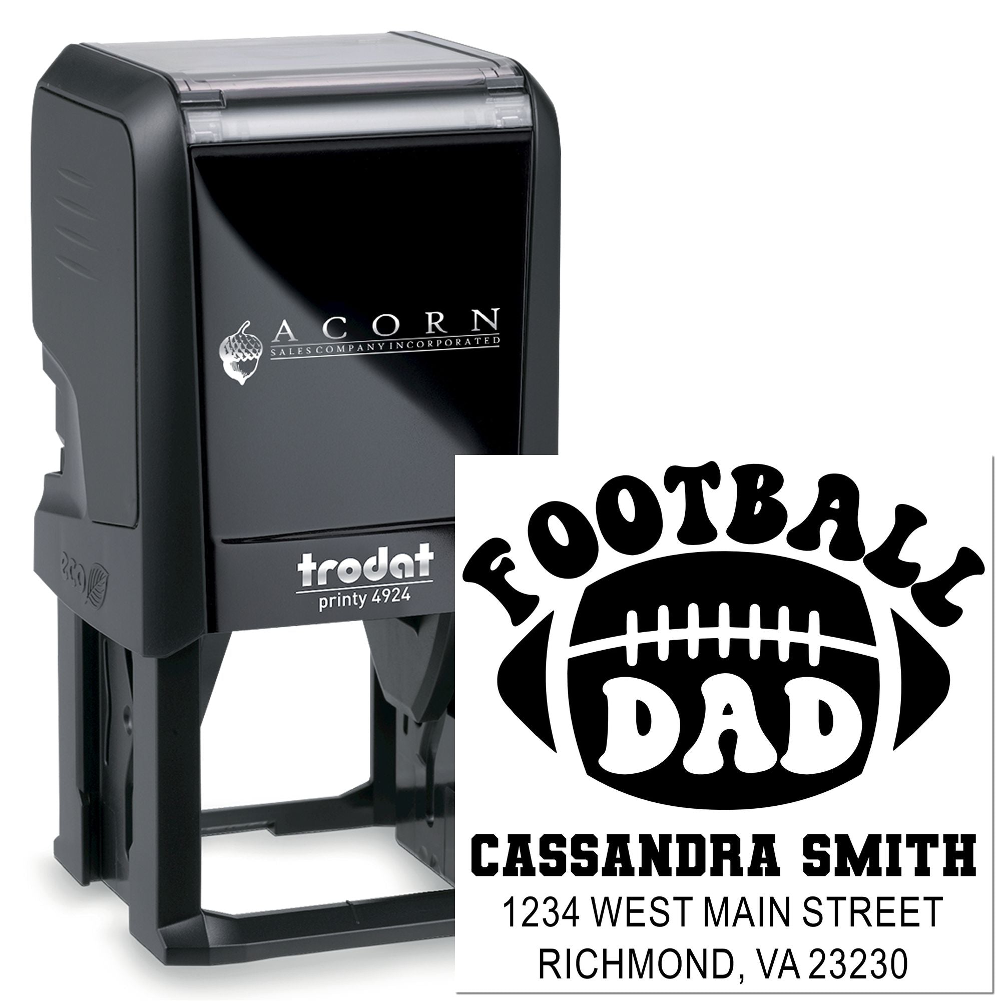 Custom Football Dad self-inking rubber stamp with name and address, Trodat Printy 4924.