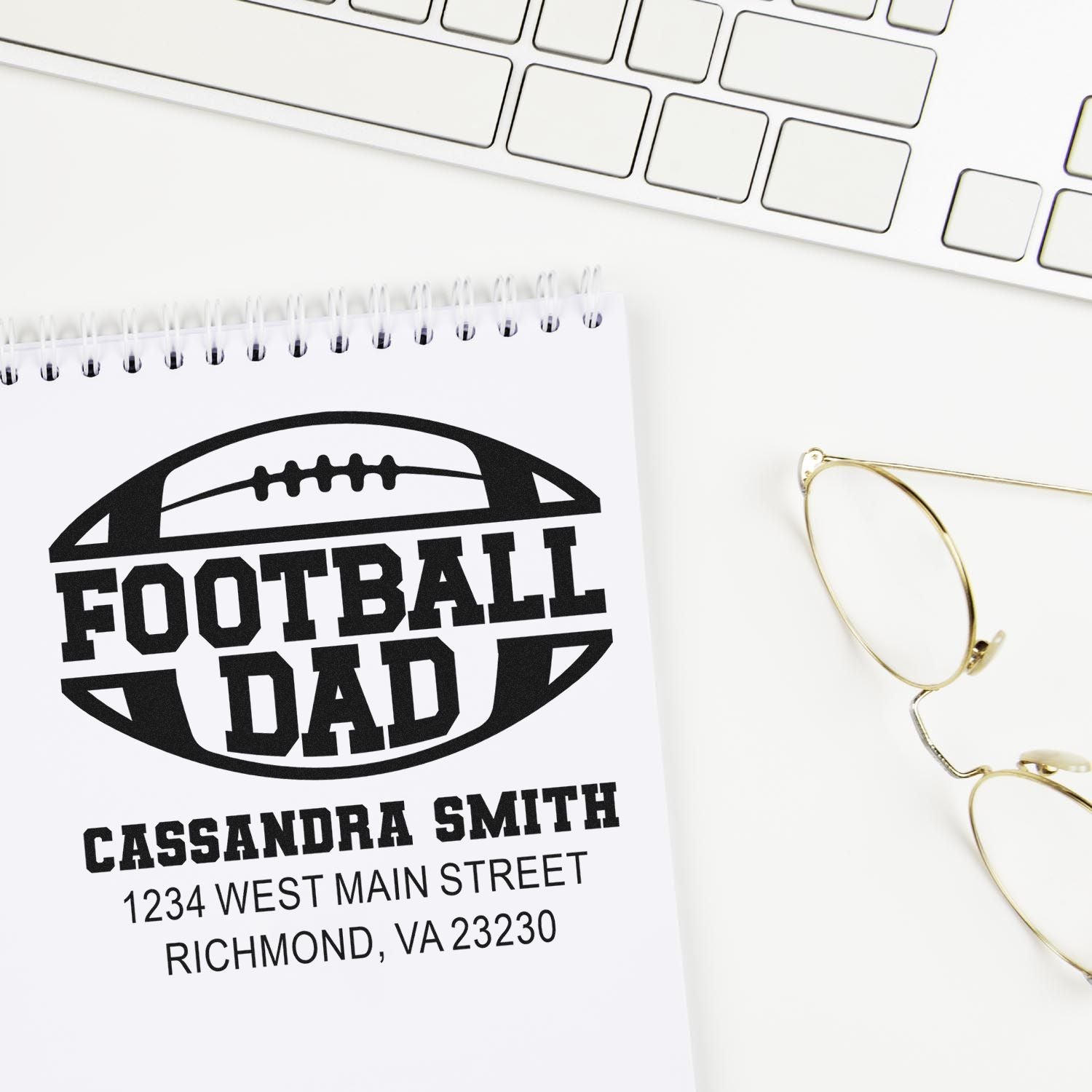 Personalized football dad rubber stamp with name and address for custom sports-themed cards, gifts, and packaging.