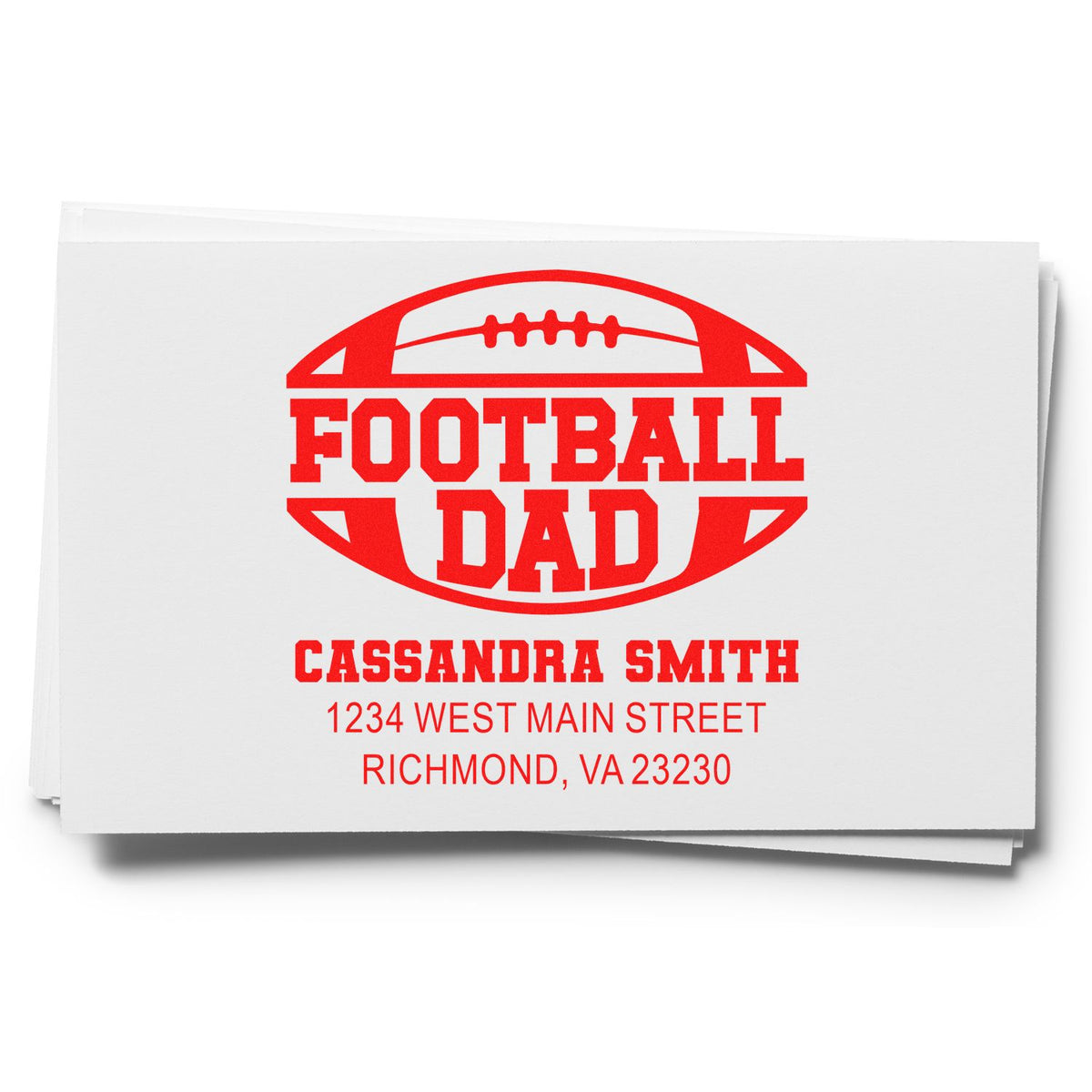Custom Football Dad rubber stamp with name and address for personalized sports-themed mailing and stationery.