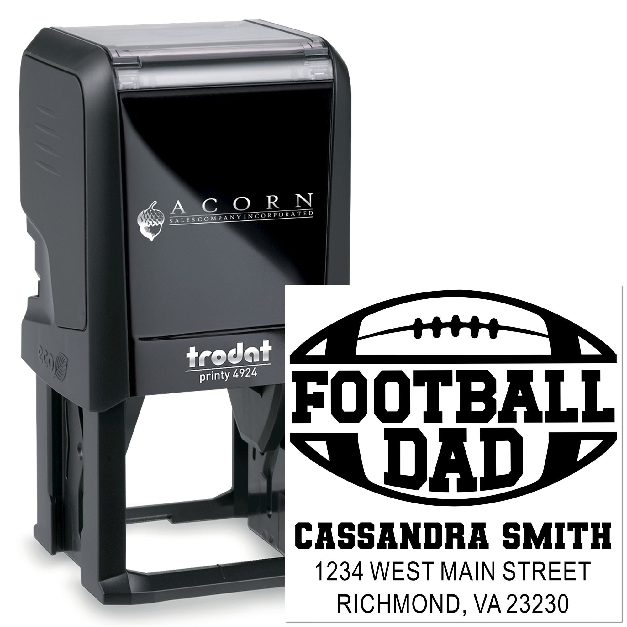 Custom self-inking rubber stamp with football dad design and address, Trodat Printy 4924 for mailings.