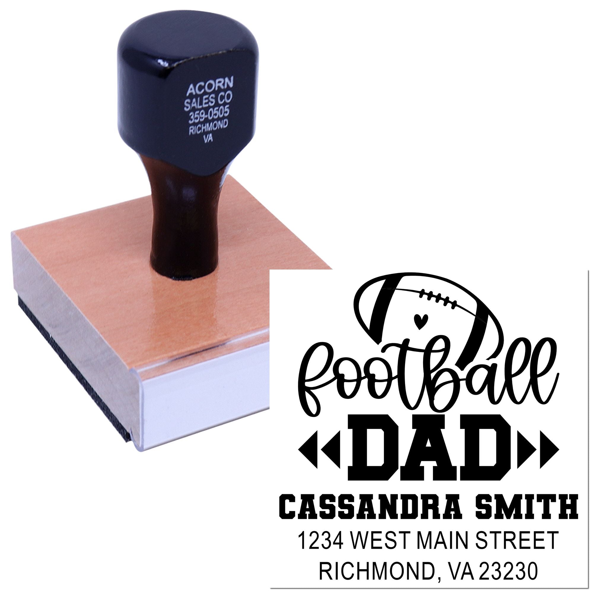 Custom football dad rubber stamp for personalized address labels, shown with stamp handle and sample imprint.