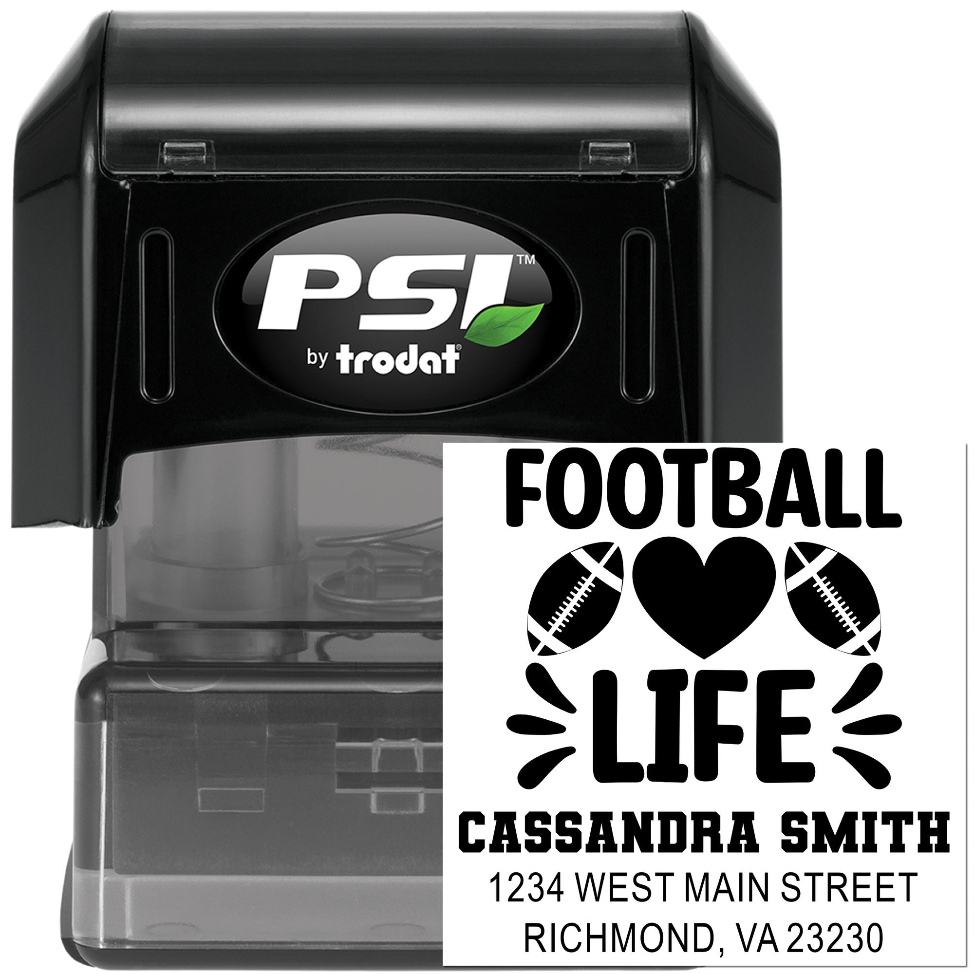 PSI by Trodat self-inking rubber stamp with custom football design, name and address for personalized mail.