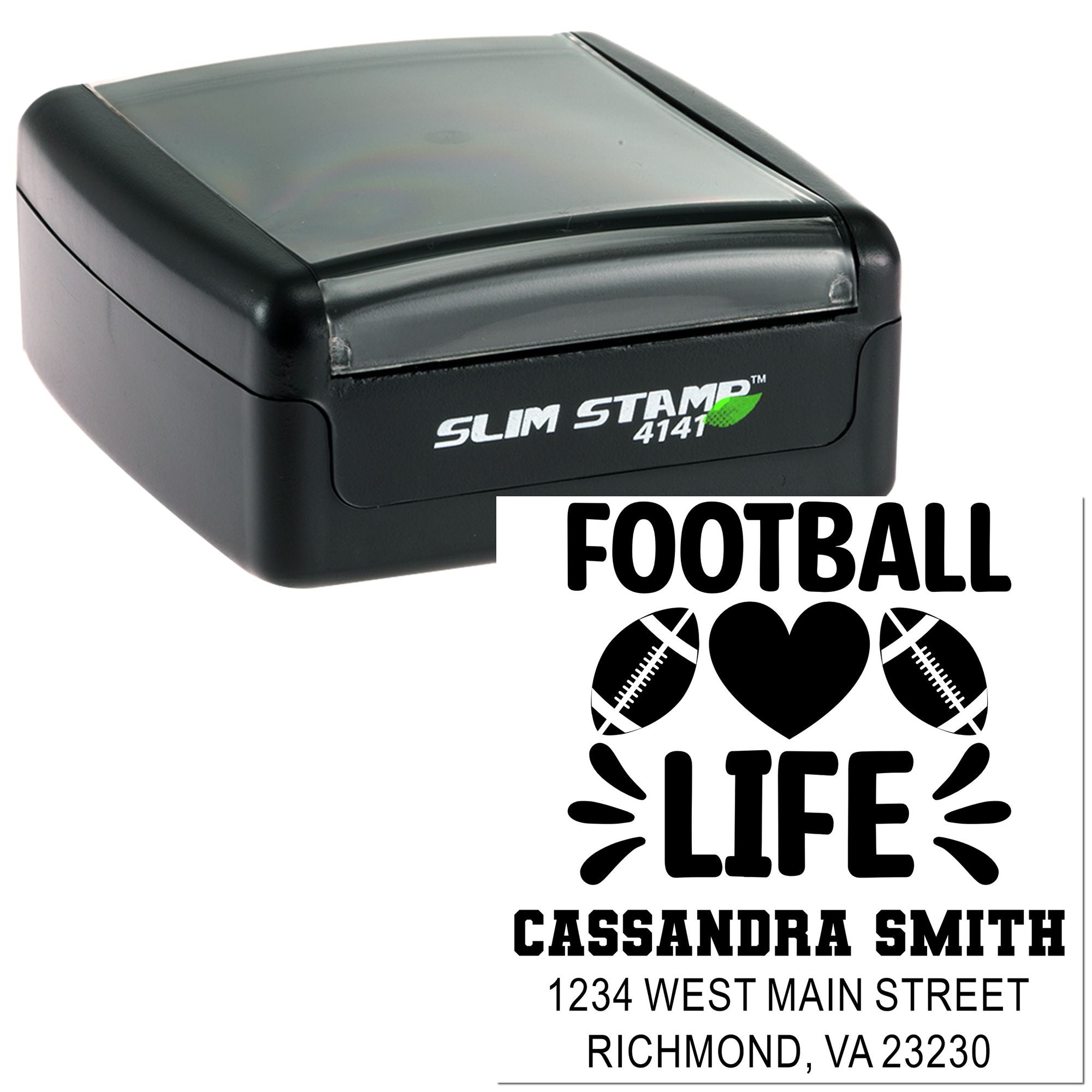 Custom football life self-inking rubber stamp with name and address, shown on a Slim Stamp 4141.