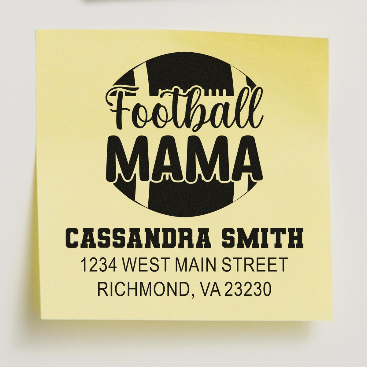 Custom football mama rubber stamp with name and address for Cassandra Smith, Richmond, VA 23230.