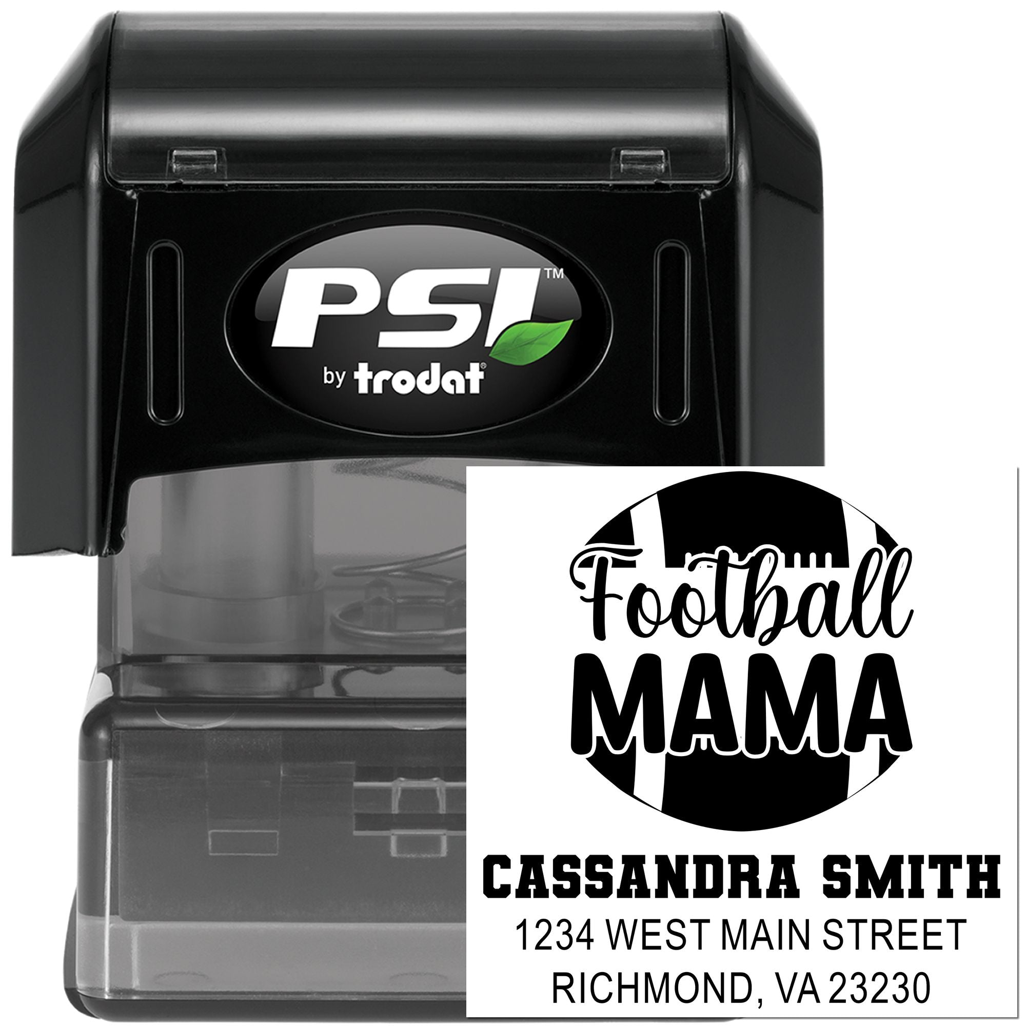 Custom self-inking address rubber stamp by PSI Trodat with Football Mama design, name, and address.