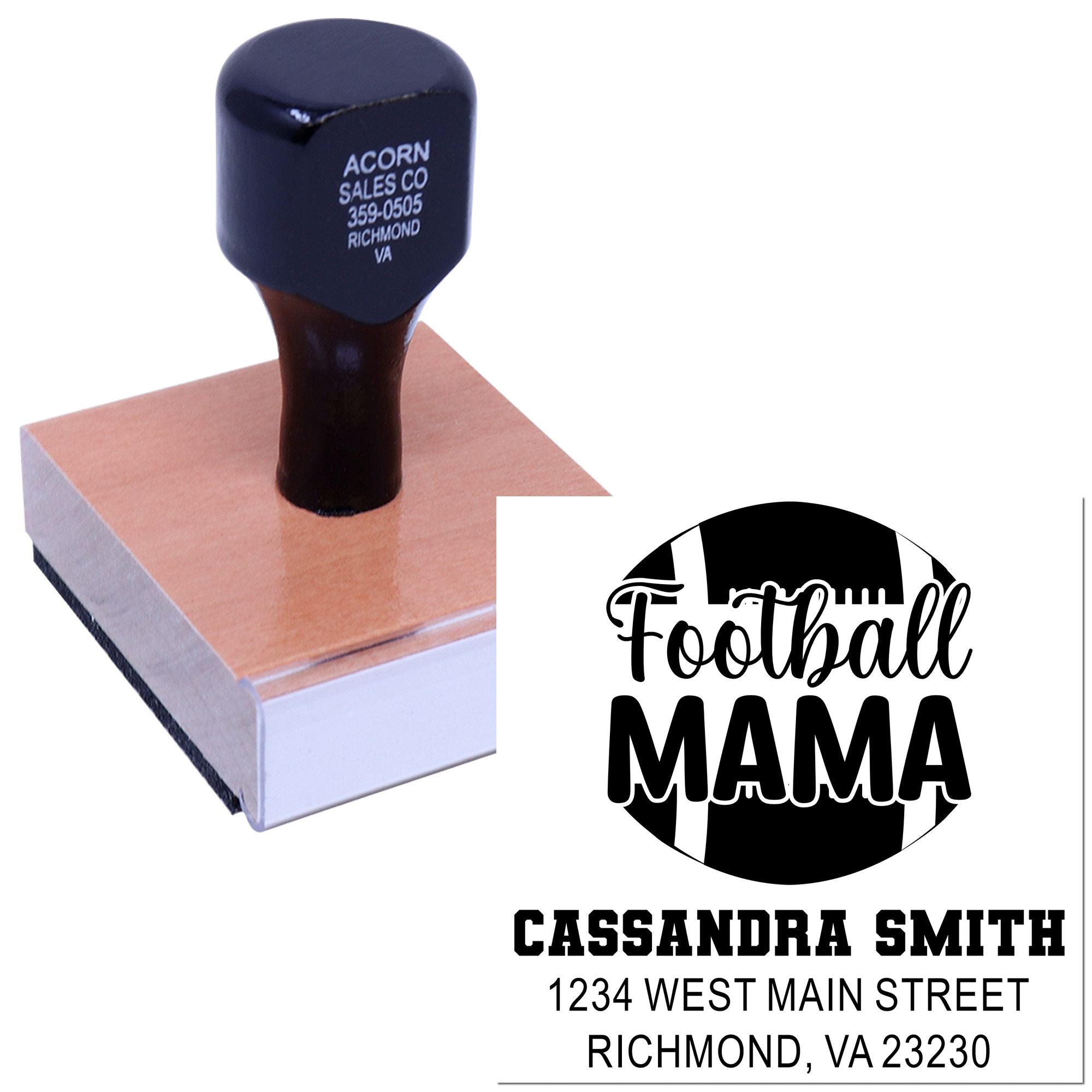 Custom rubber stamp with football mom design and return address imprint, shown on a wooden block for personalized stationery.