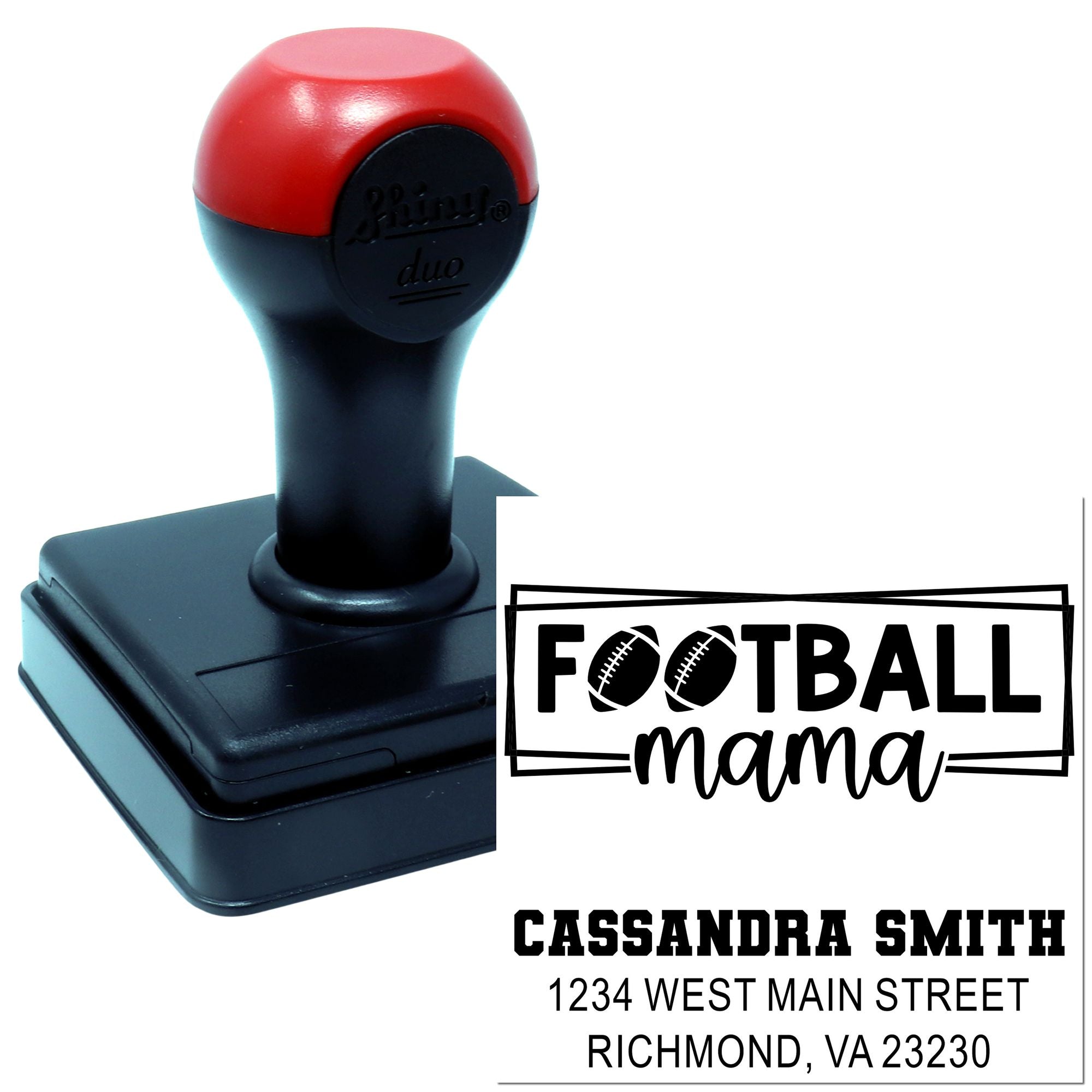Custom self-inking football mama rubber stamp with name and address for personalized sports mailings and crafts.