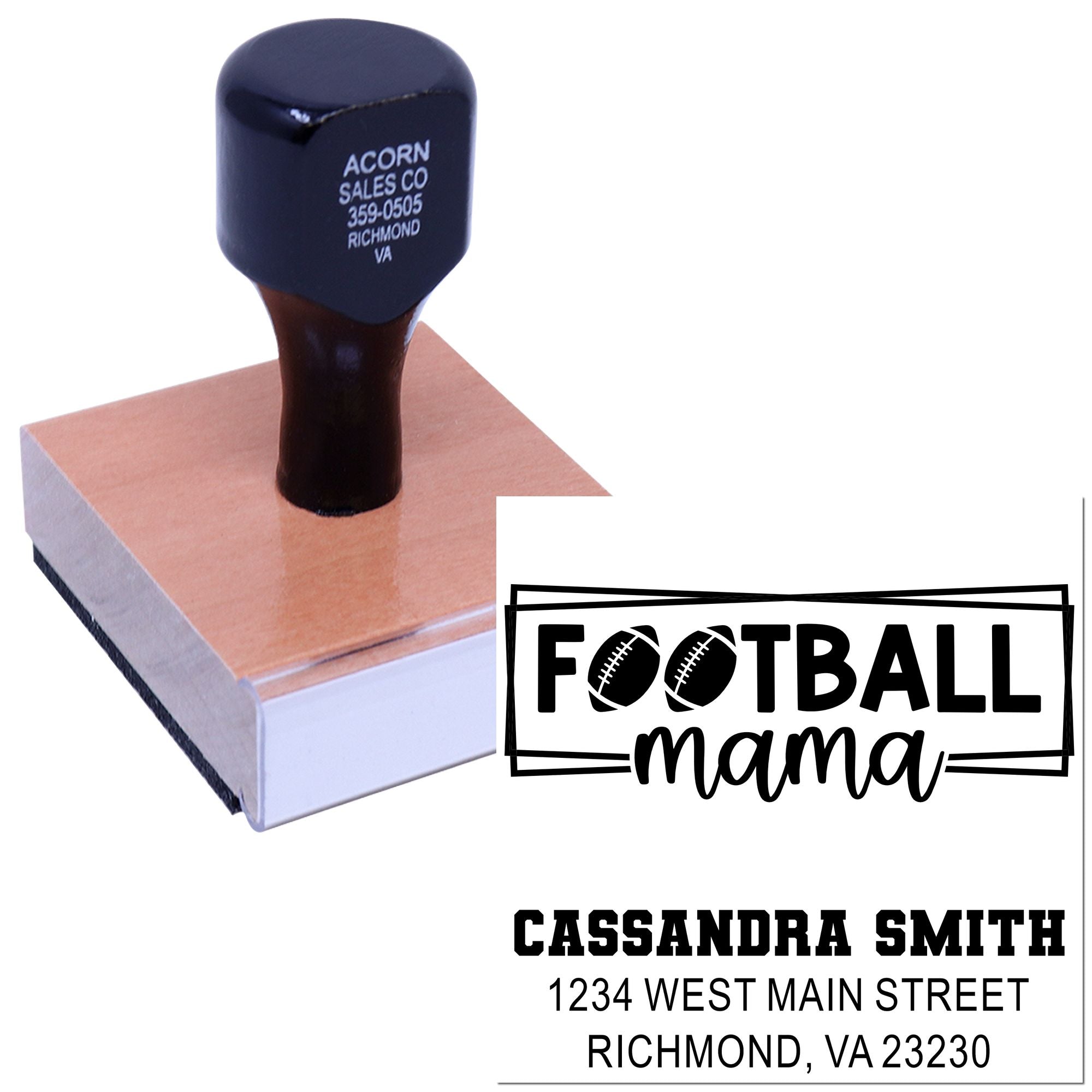 Personalized football mama rubber stamp with name and address for custom sports-themed envelopes and crafts