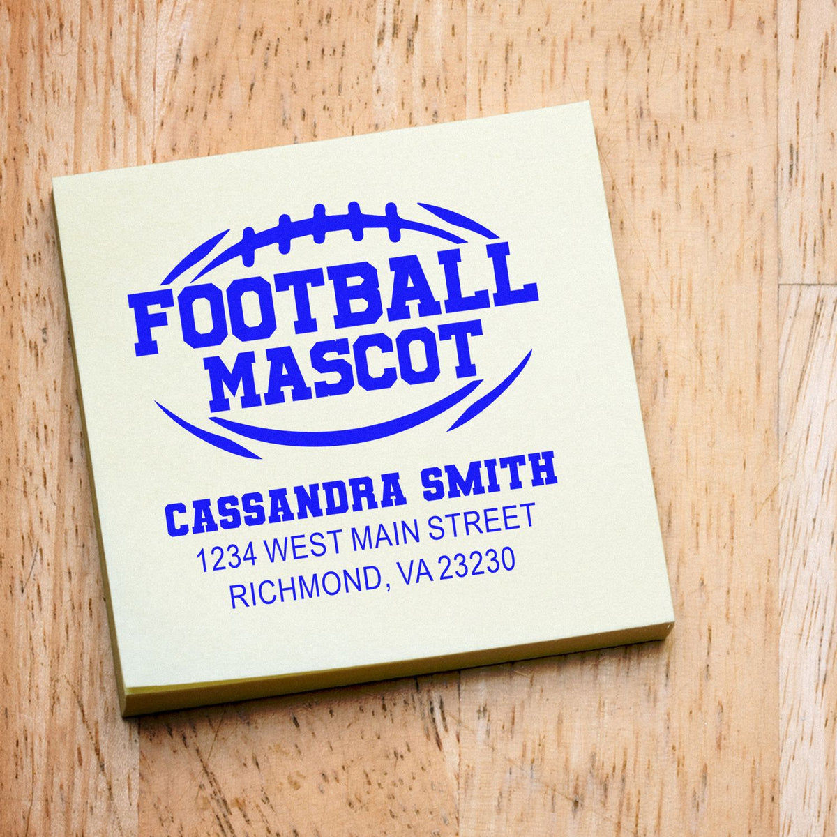 Custom football mascot rubber stamp with name and address for team branding and mailings