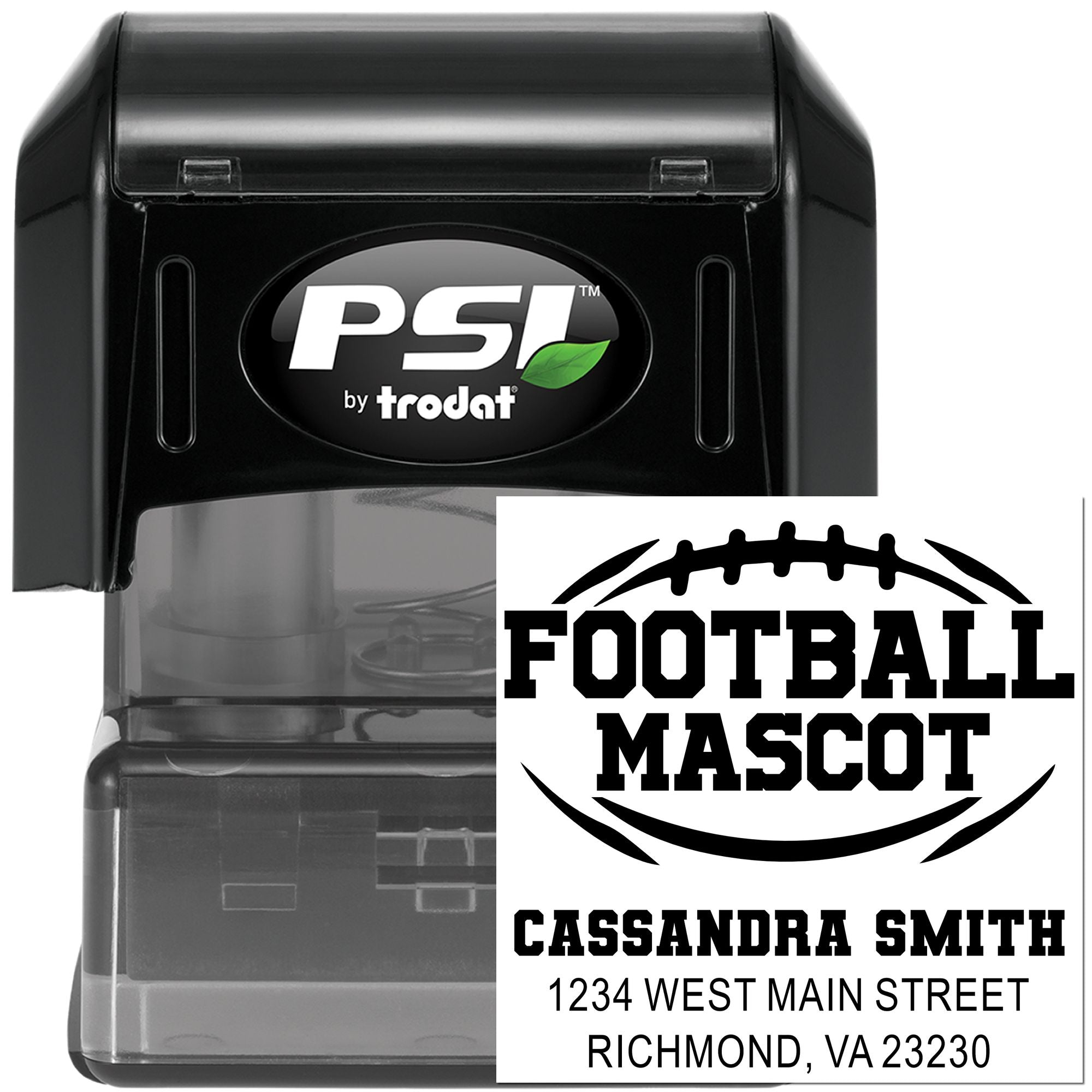 Custom self-inking rubber stamp for football mascot return address, PSI by Trodat personalized mailing stamp