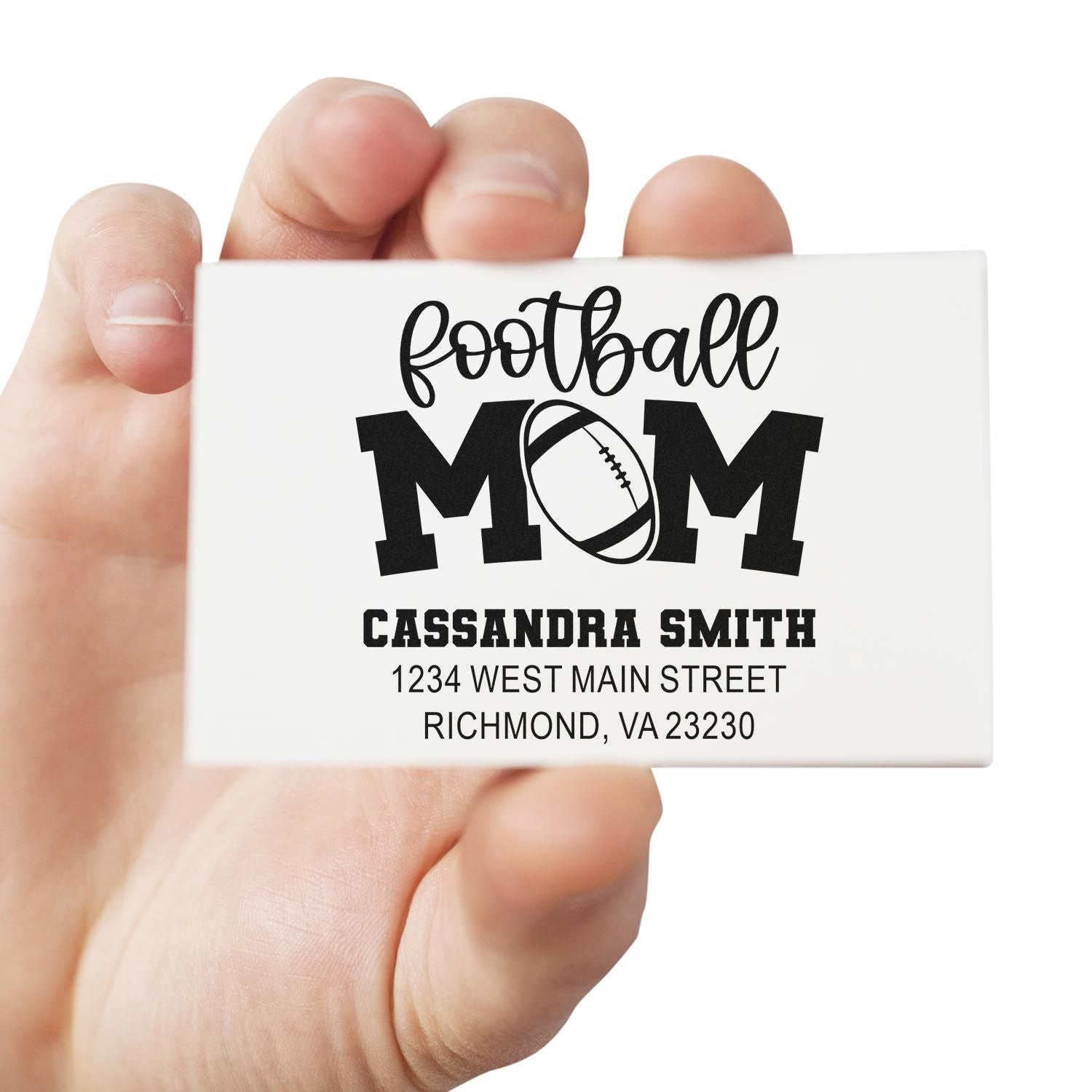 Personalized football mom return address rubber stamp with name and address, perfect for sports family mailings.