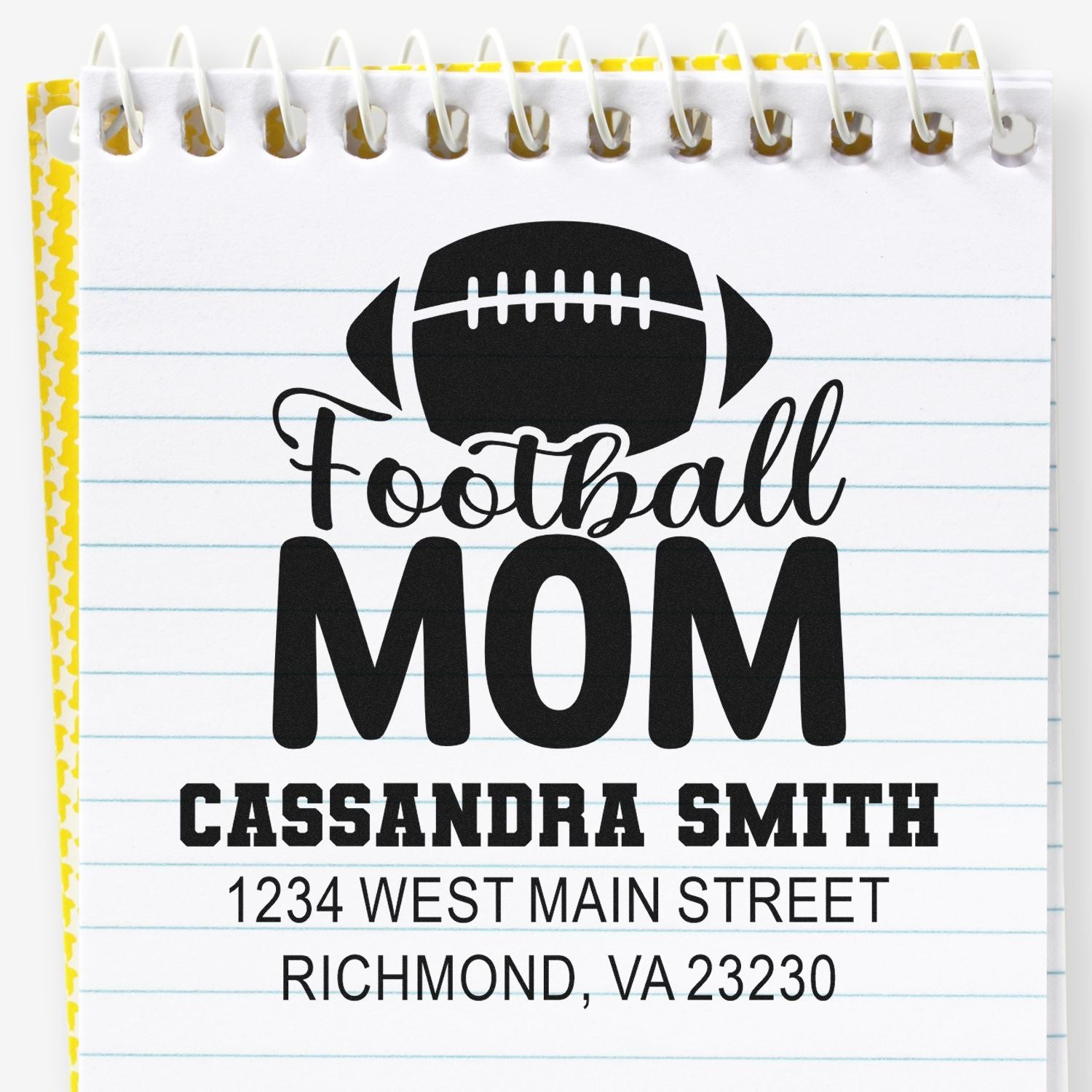 Personalized football mom rubber stamp with name and return address for custom stationery.