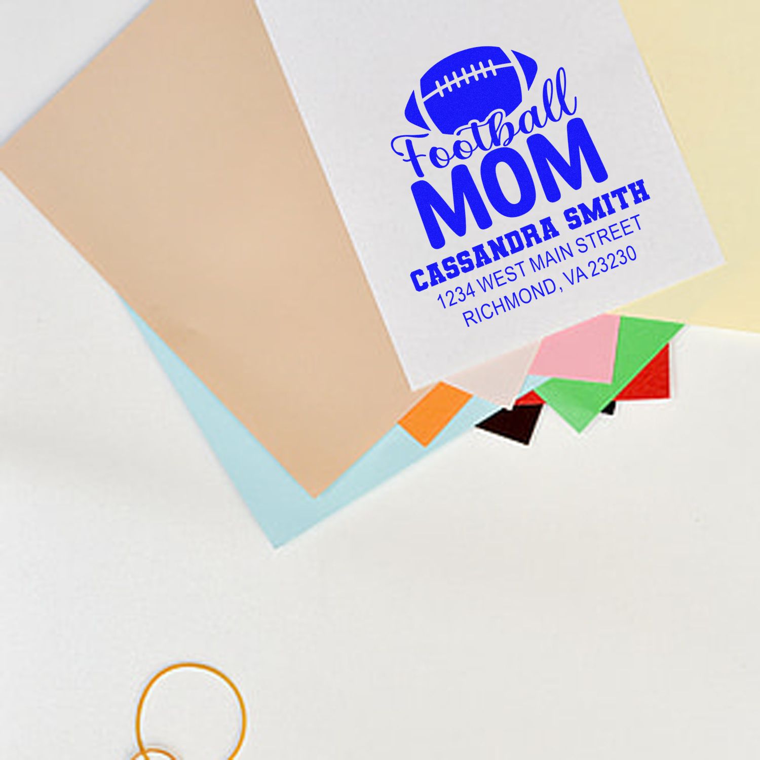 Custom Football Mom address stamp with name and address for personalized envelopes, mail, and sports fan gifts