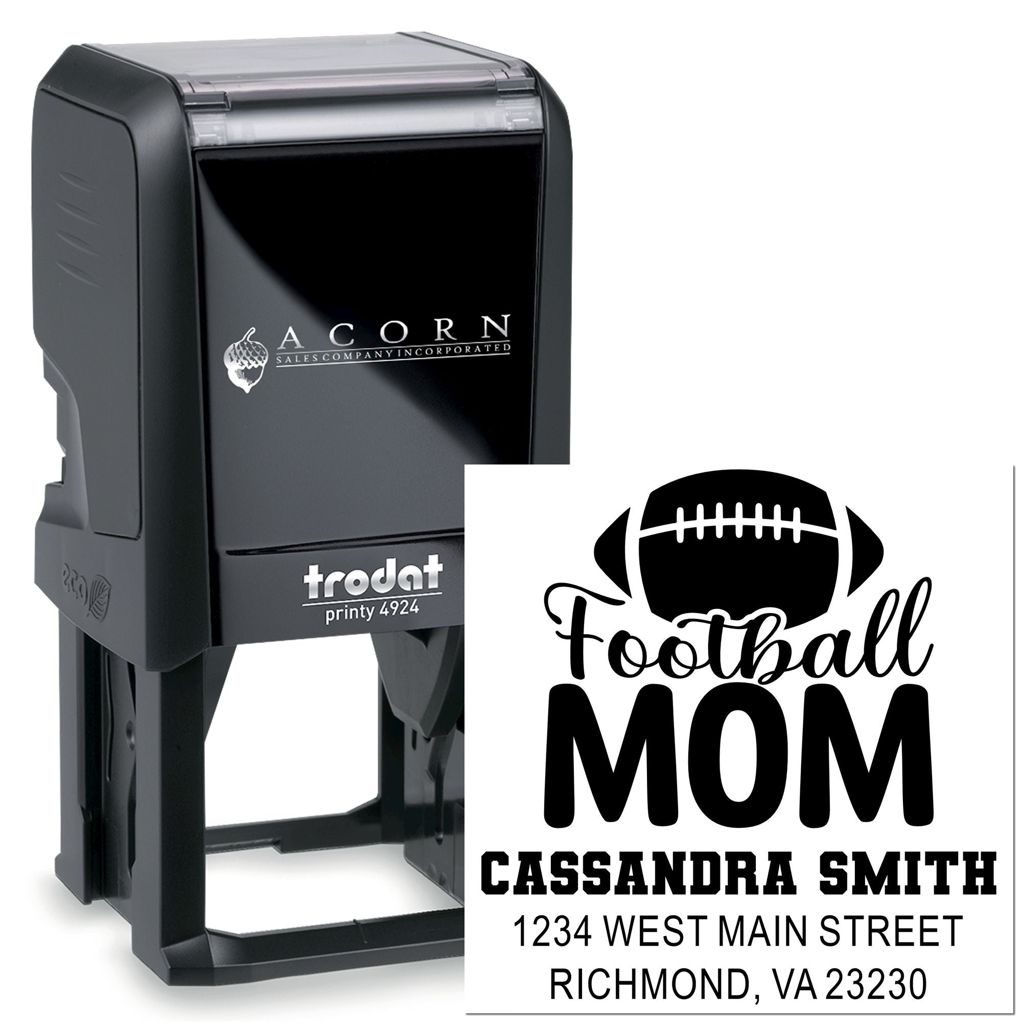 Custom self-inking rubber stamp featuring football mom design, name, and address on Trodat Printy 4924.