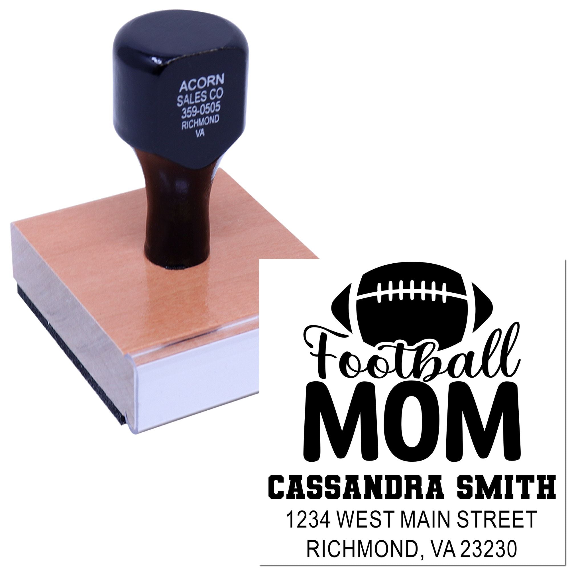 Custom football mom rubber stamp with name and address for personalized return envelopes, team gifts, and stationery.