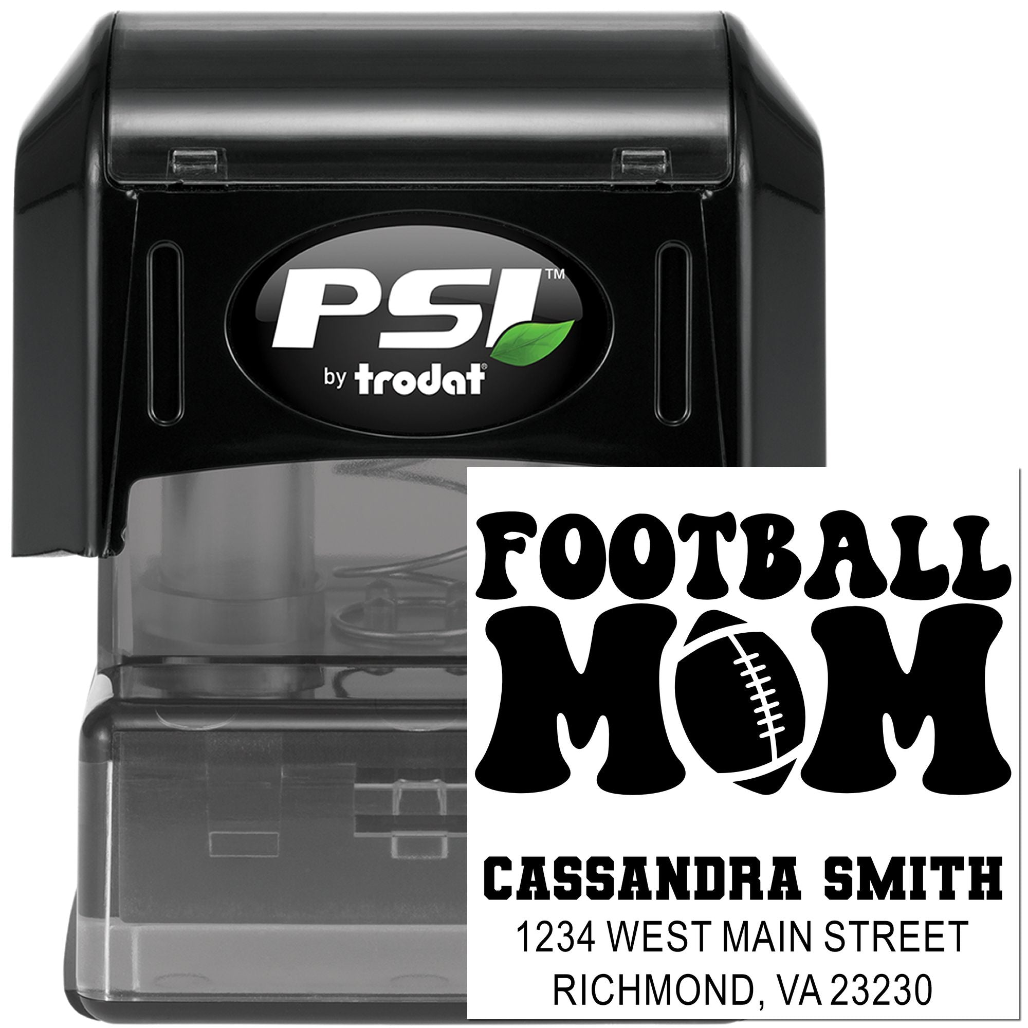 Personalized self-inking football mom rubber stamp with name and address for sports mailings and fan gifts.