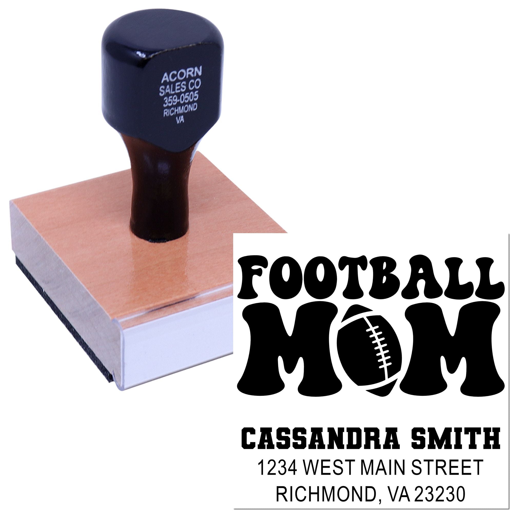 Custom football mom rubber stamp with name and address for personalized sports-themed mailing labels.