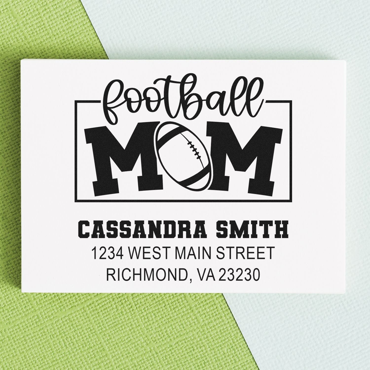 Custom football mom return address rubber stamp with personalized name and address for sports mail.