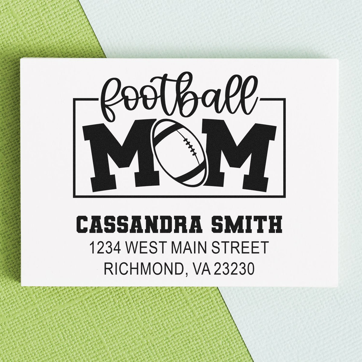 Custom football mom rubber stamp with personalized name and address for return mail, crafts, and sports fan gifts.