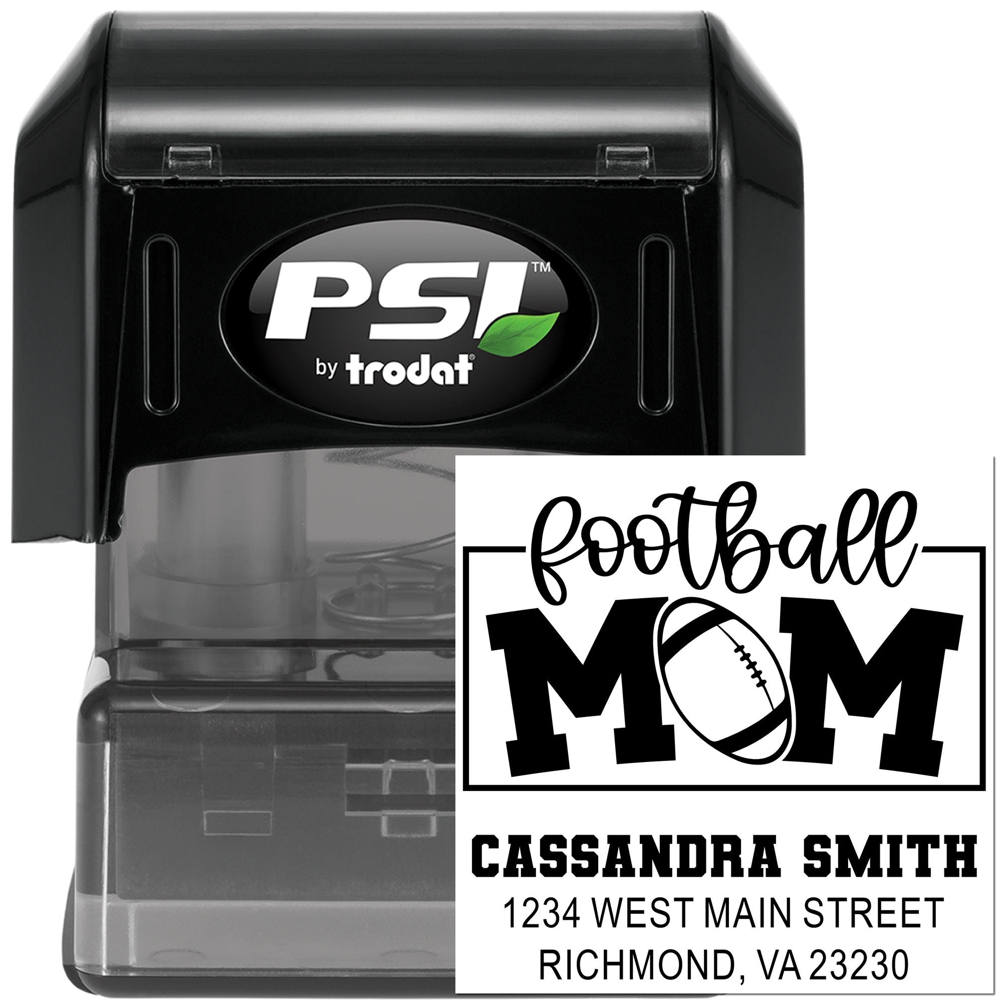 Custom PSI by Trodat self-inking rubber stamp with Football Mom design and personalized name and address.