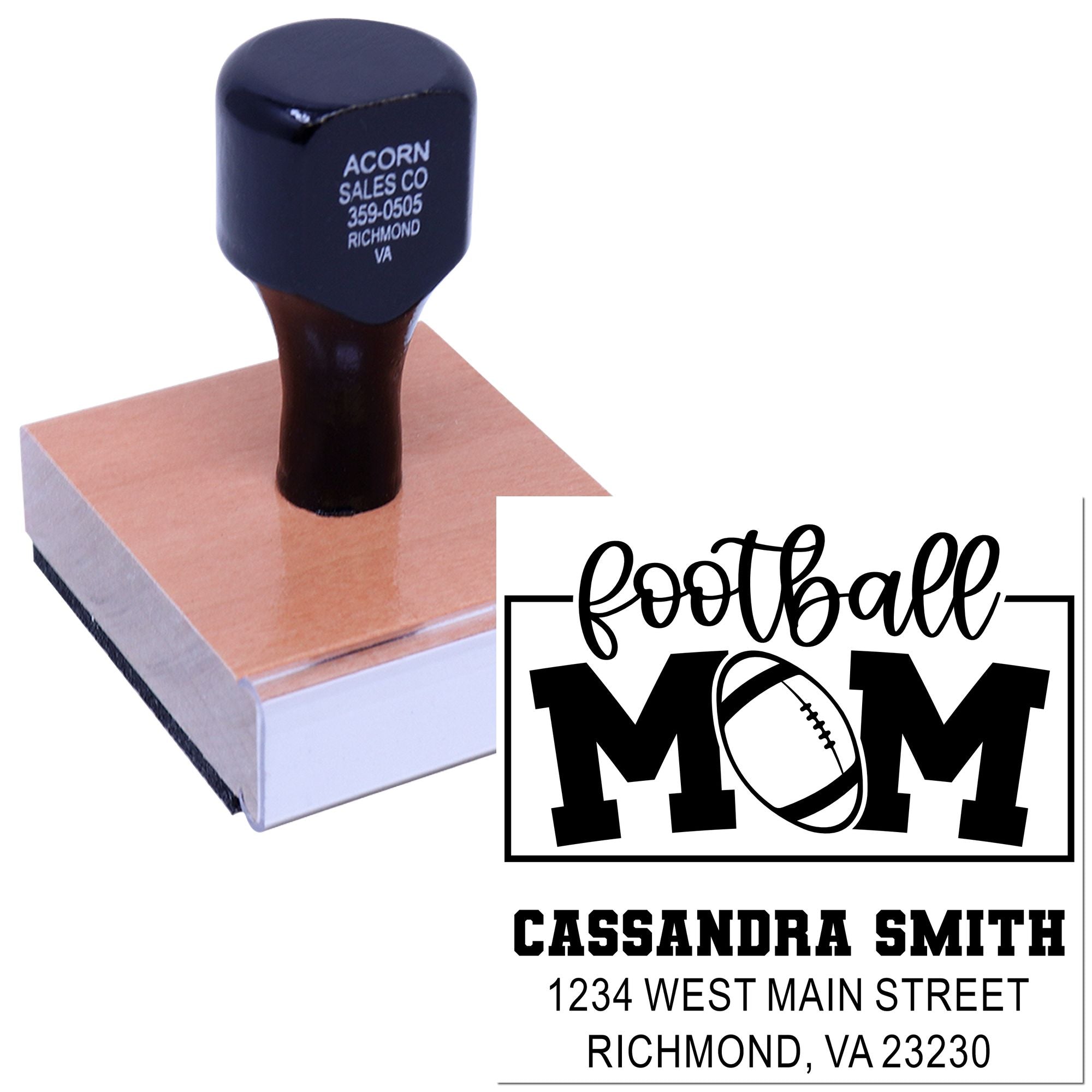 Custom football mom return address rubber stamp with personalized name and address for sports-themed mail, gifts, and crafts.