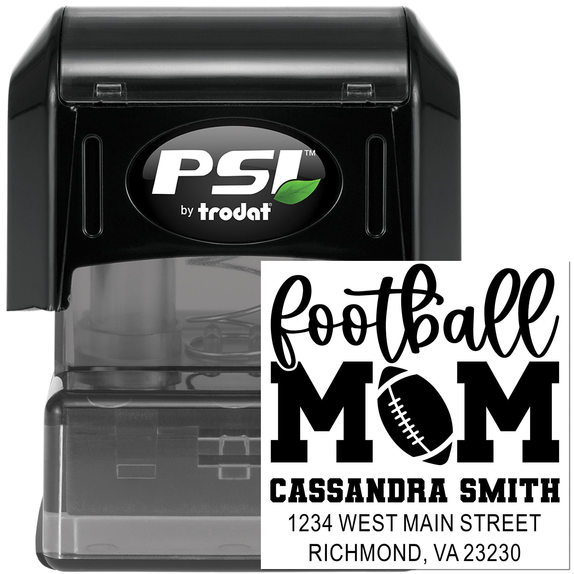 Personalized football mom self-inking rubber stamp with name and address, PSI by Trodat