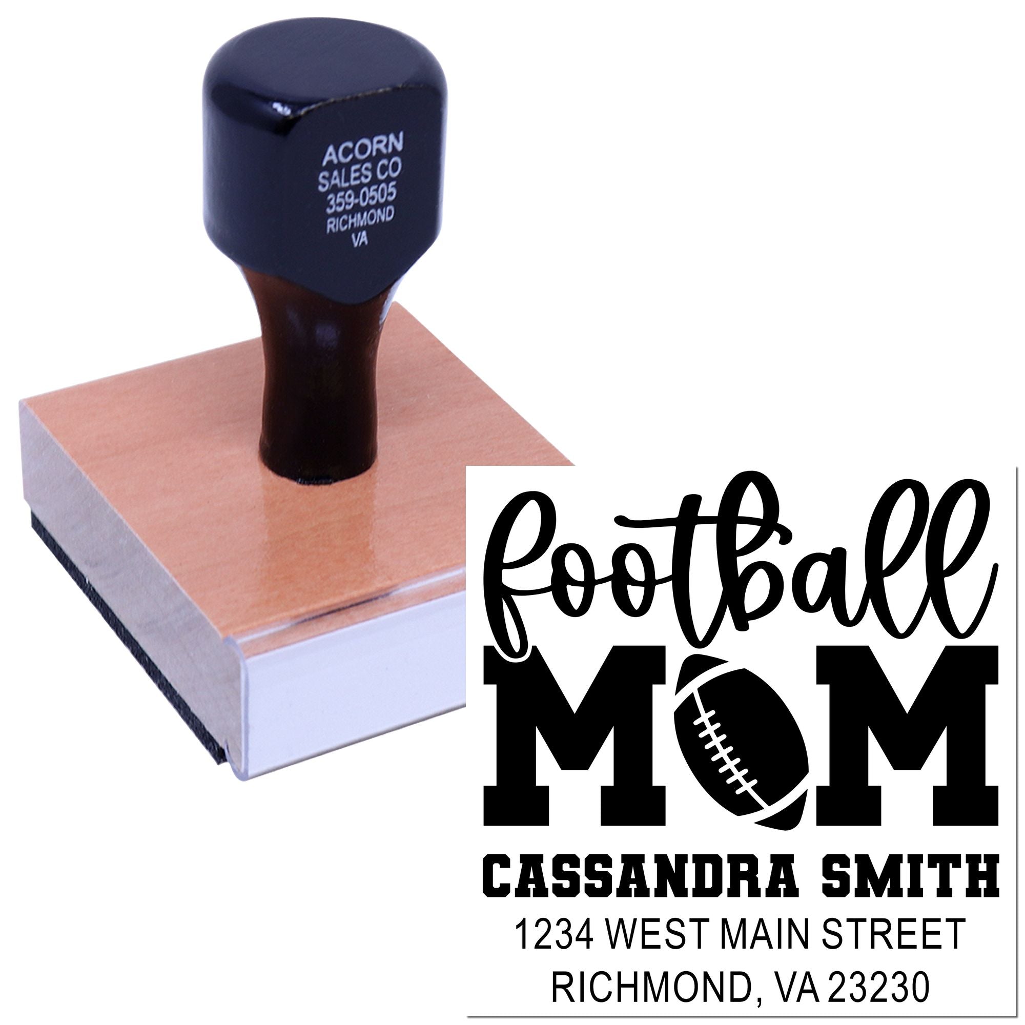 Custom football mom rubber stamp with personalized name and address, shown on ink pad for card making and branding.