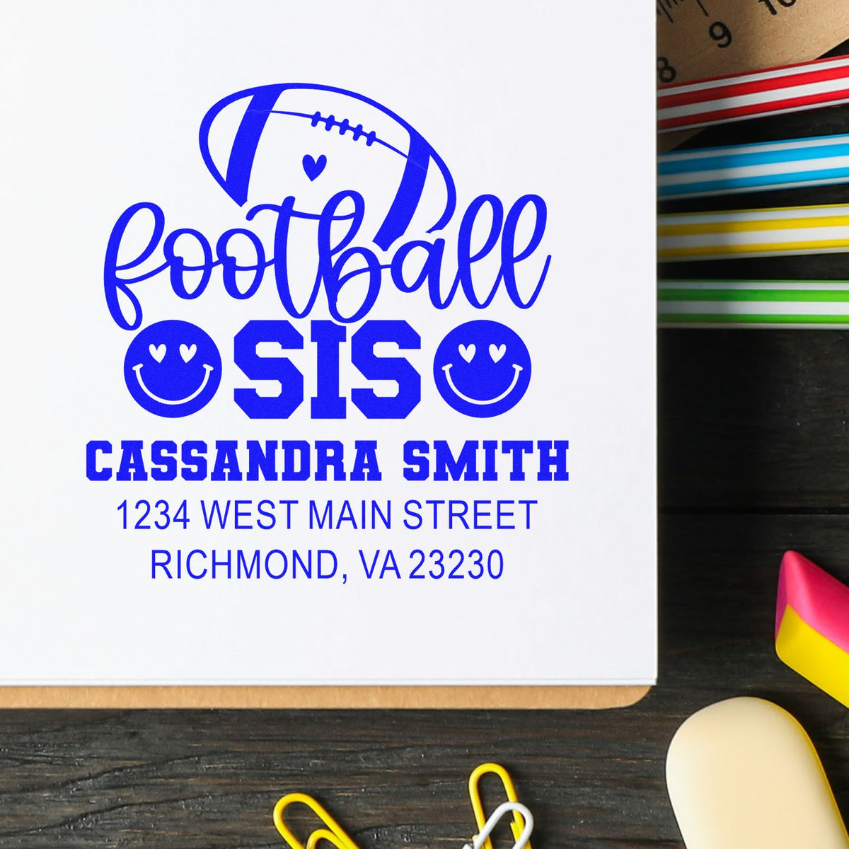 Custom football sis rubber stamp with name and address for personalized stationery, envelopes, and gifts.