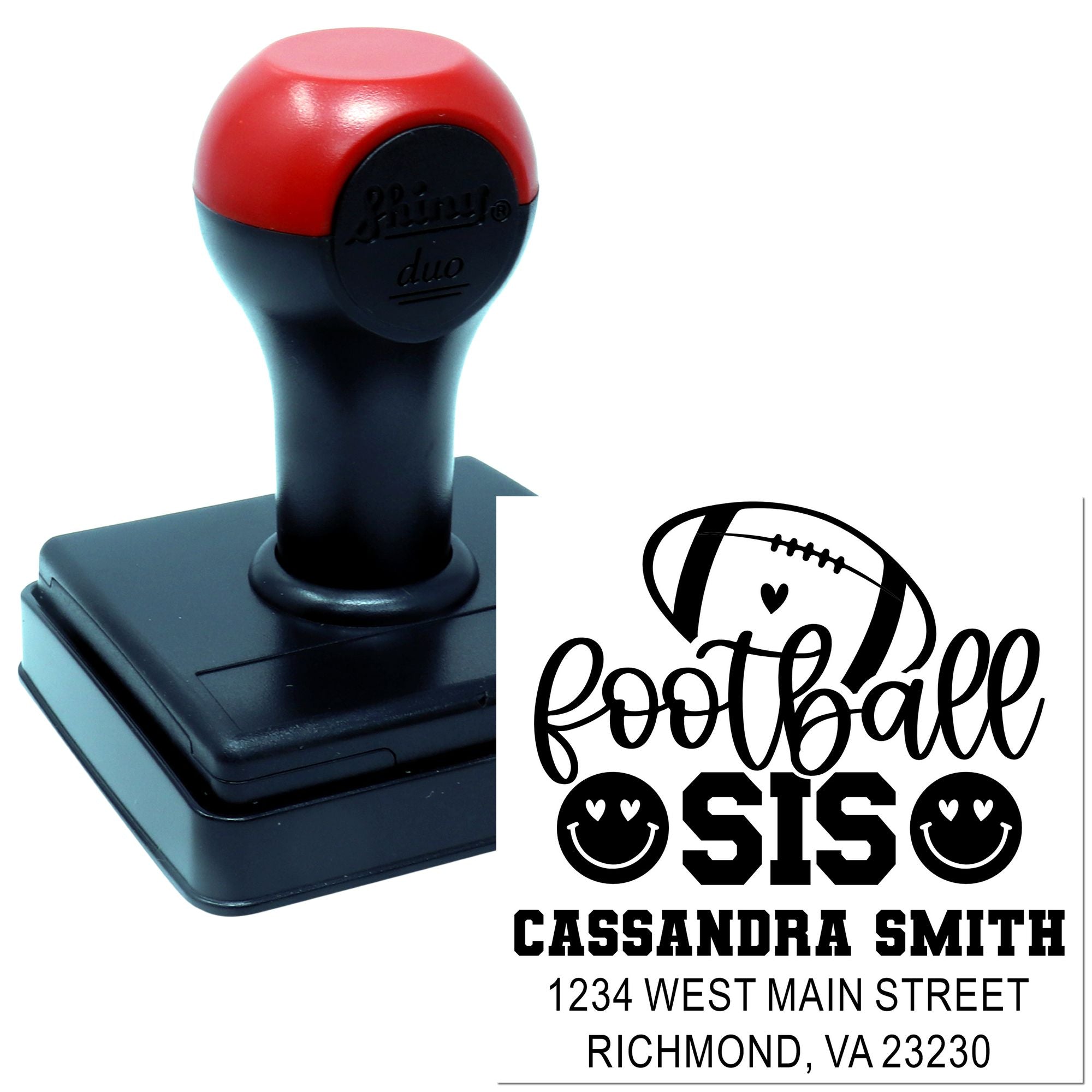Custom self-inking rubber stamp for football sister, with personalized football-themed name and address imprint.