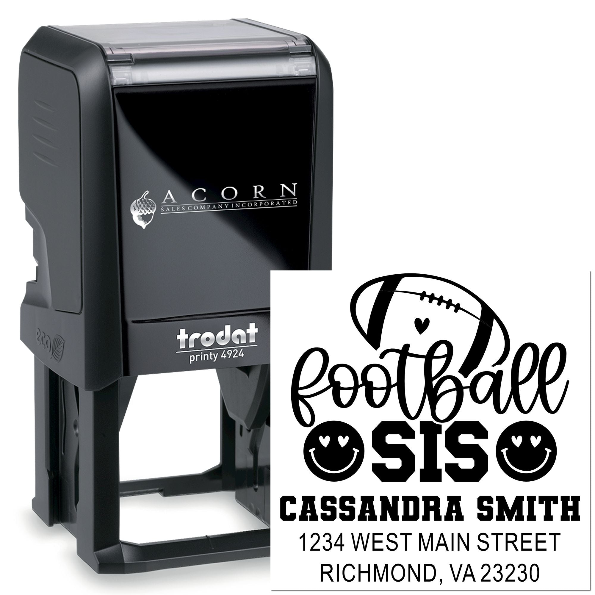 Trodat self-inking rubber stamp with custom football sis design, name, and return address for personalized mailing.