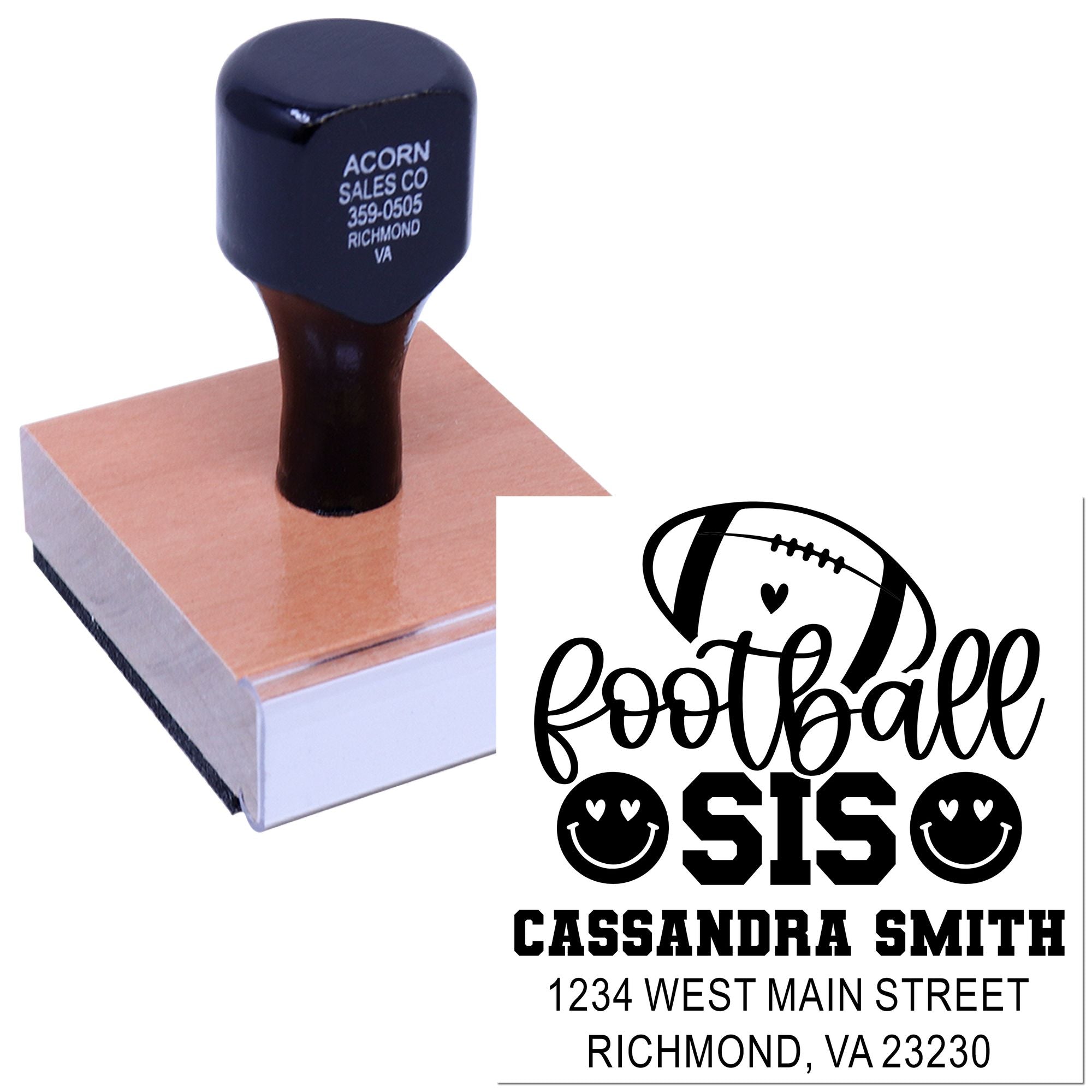 Custom football sis rubber stamp with name and address, showing a personalized address stamp imprint.